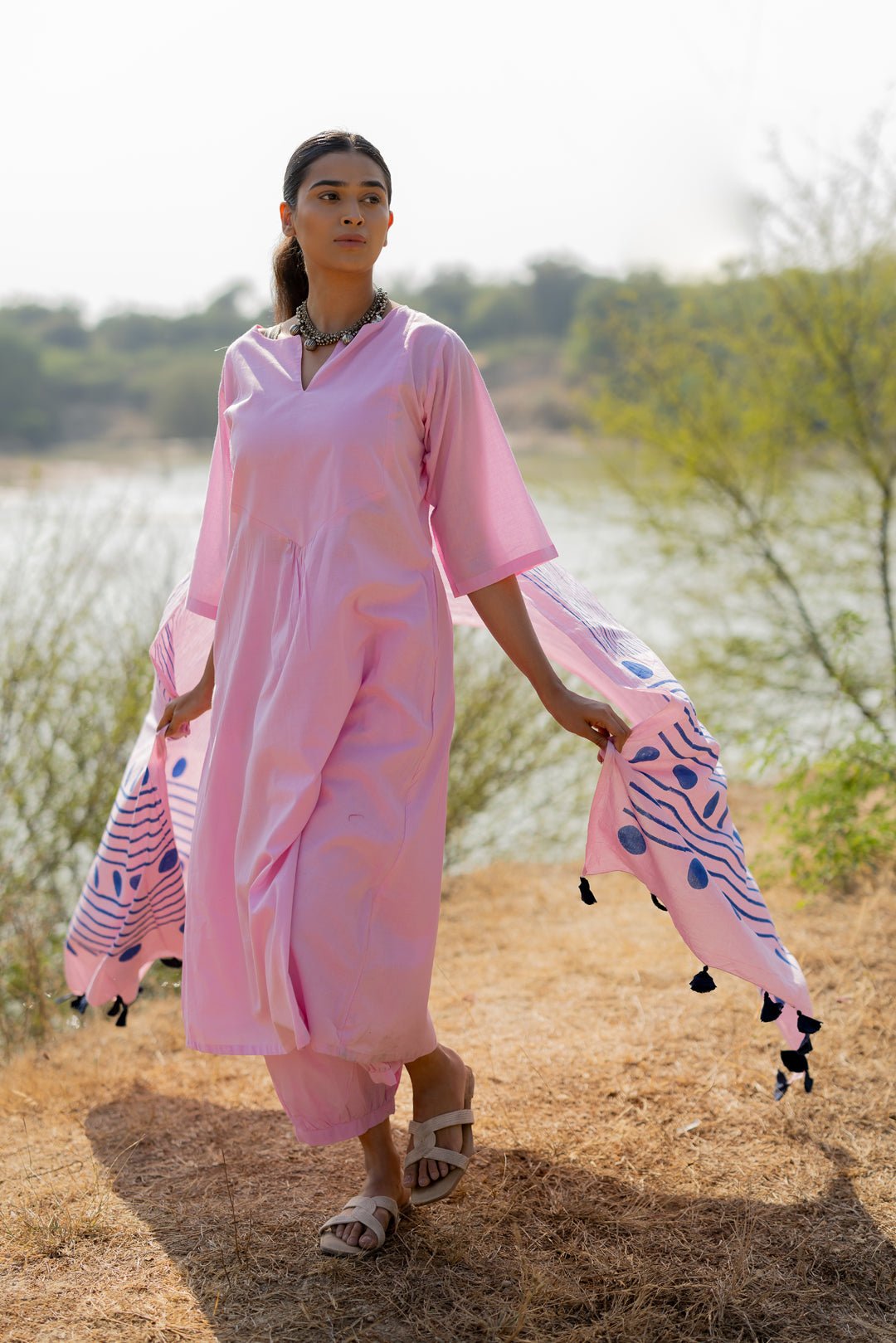 Taffy Pink Kurta Set with Block Printed Dupatta - CiceroniKurta Set, Everyday WearMaidaan