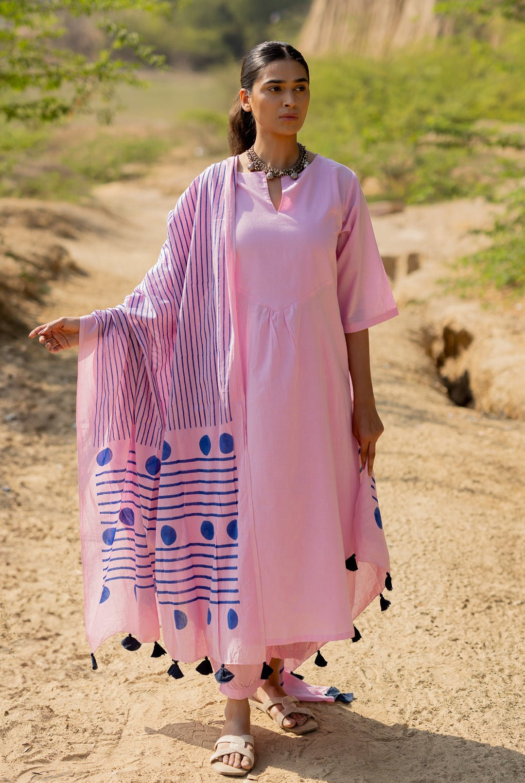 Taffy Pink Kurta Set with Block Printed Dupatta - CiceroniKurta Set, Everyday WearMaidaan