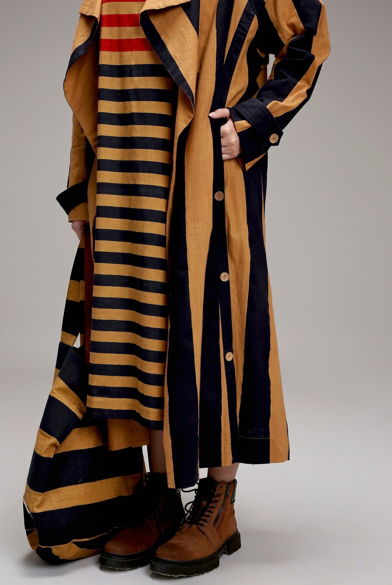 Tan-Brown Big Striped Trench Jacket - CiceroniJacketsMATI