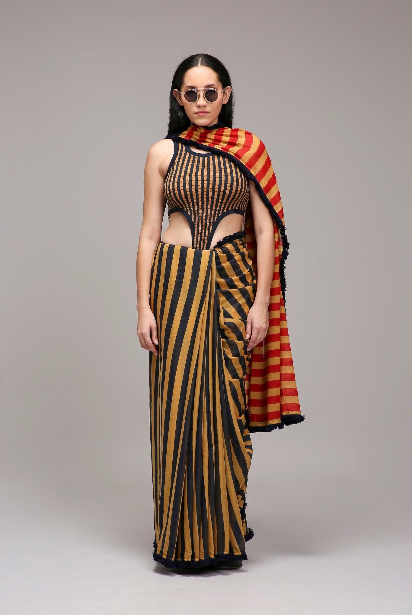 Tan-Brown Blue Red Dual Striped Saree - CiceroniSareeMATI