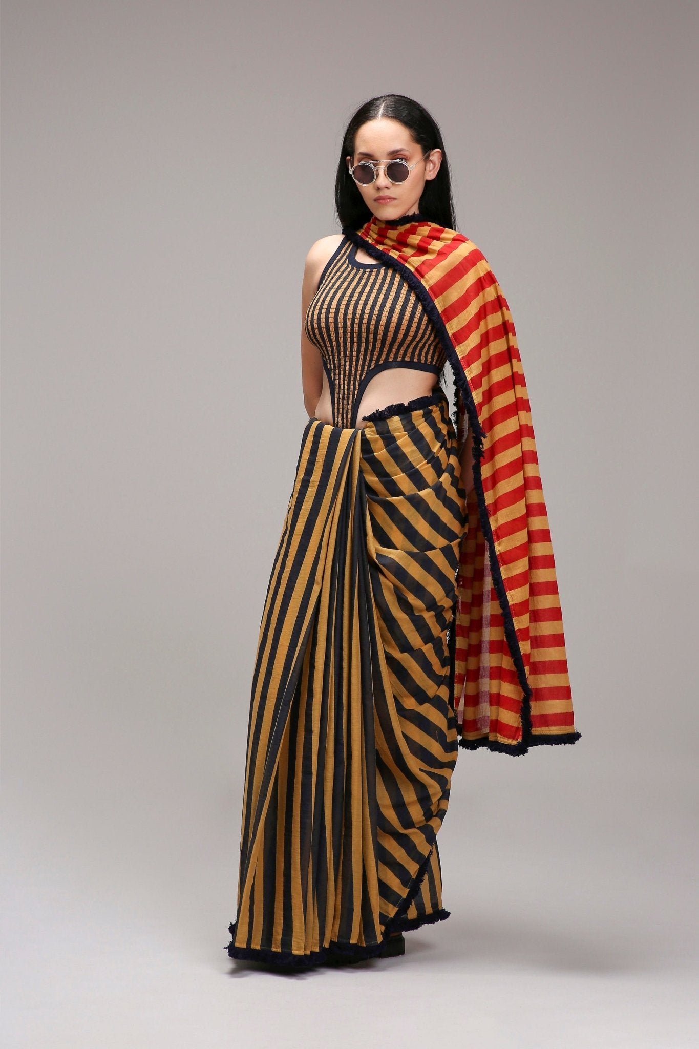 Tan-Brown Blue Red Dual Striped Saree - CiceroniSareeMATI