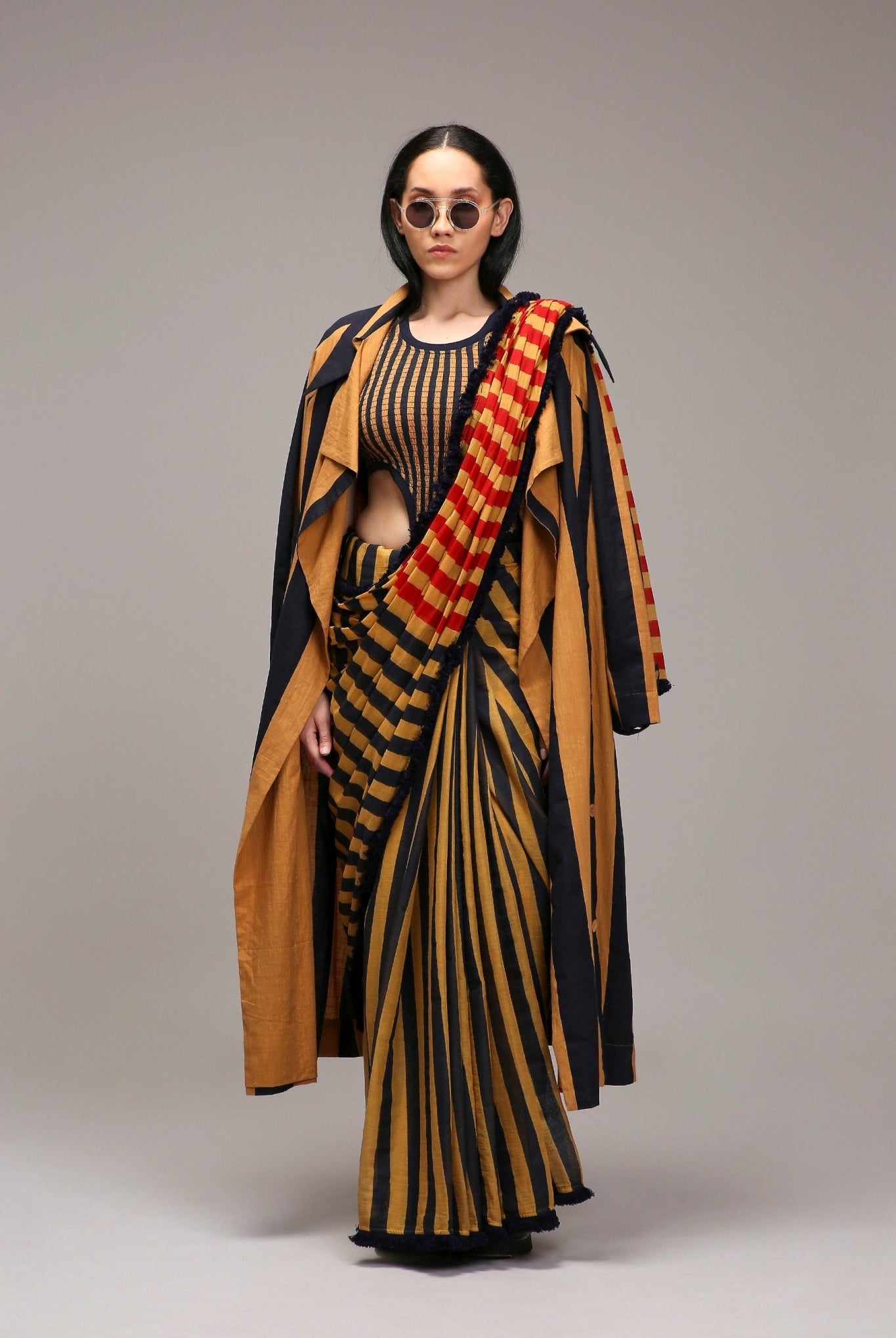 Tan-Brown Blue Red Dual Striped Saree - CiceroniSareeMATI