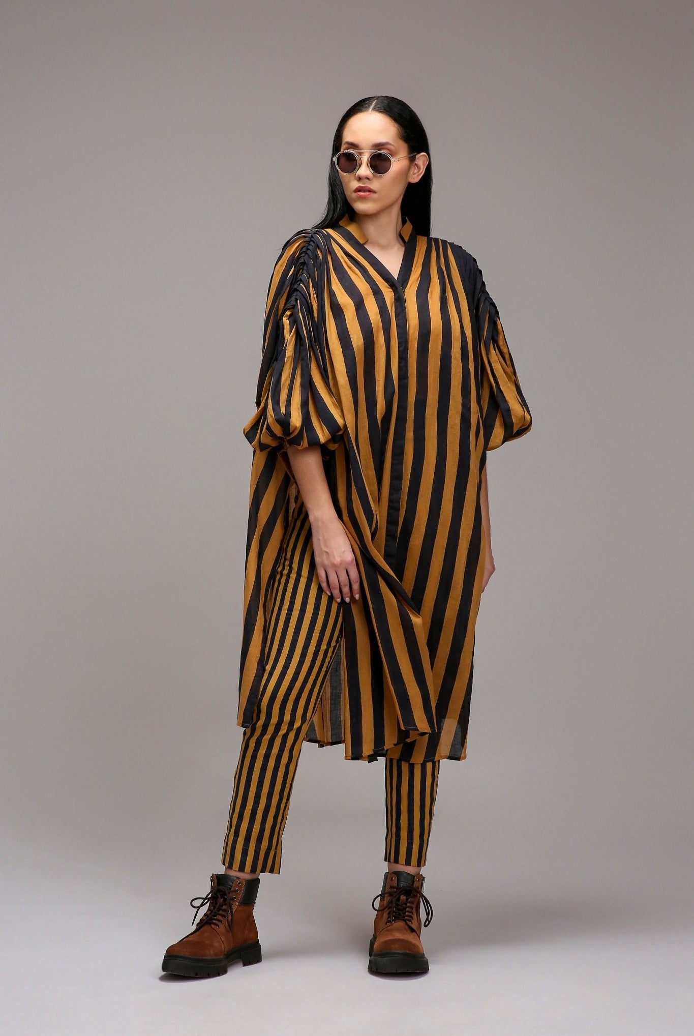 Tan-Brown Blue Striped Baha Tunic Set (2 PCS) - CiceroniKurta Set, Everyday WearMATI