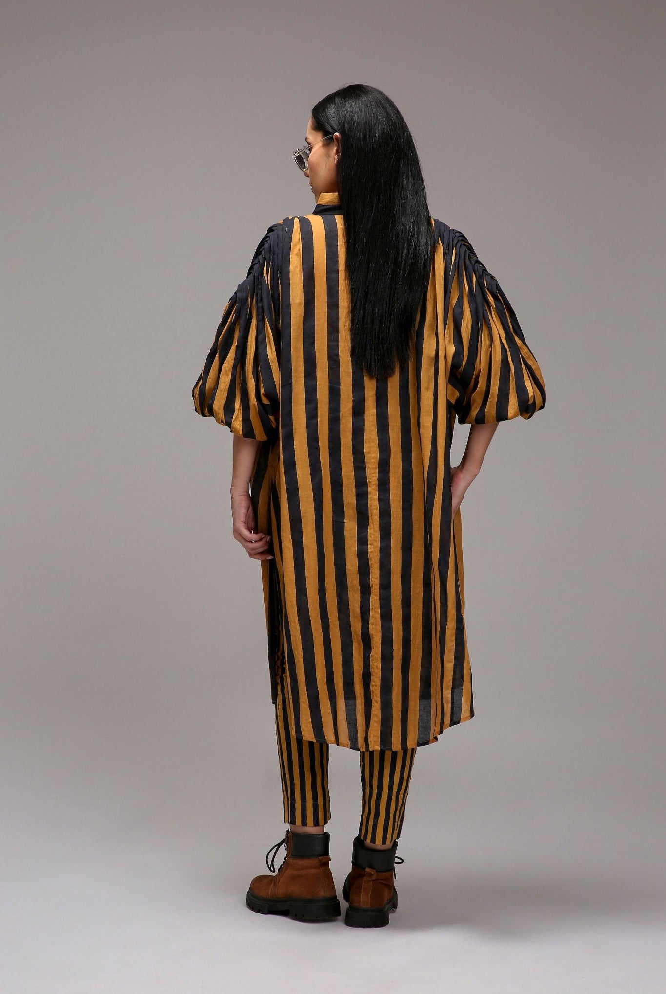 Tan-Brown Blue Striped Baha Tunic Set (2 PCS) - CiceroniKurta Set, Everyday WearMATI