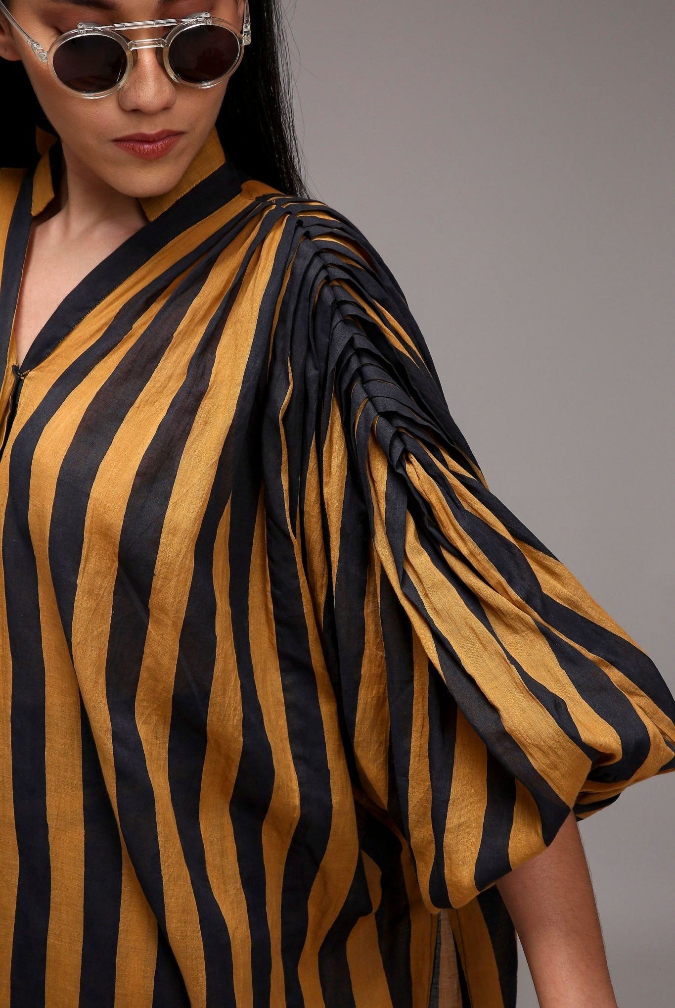 Tan-Brown Blue Striped Baha Tunic Set (2 PCS) - CiceroniKurta Set, Everyday WearMATI