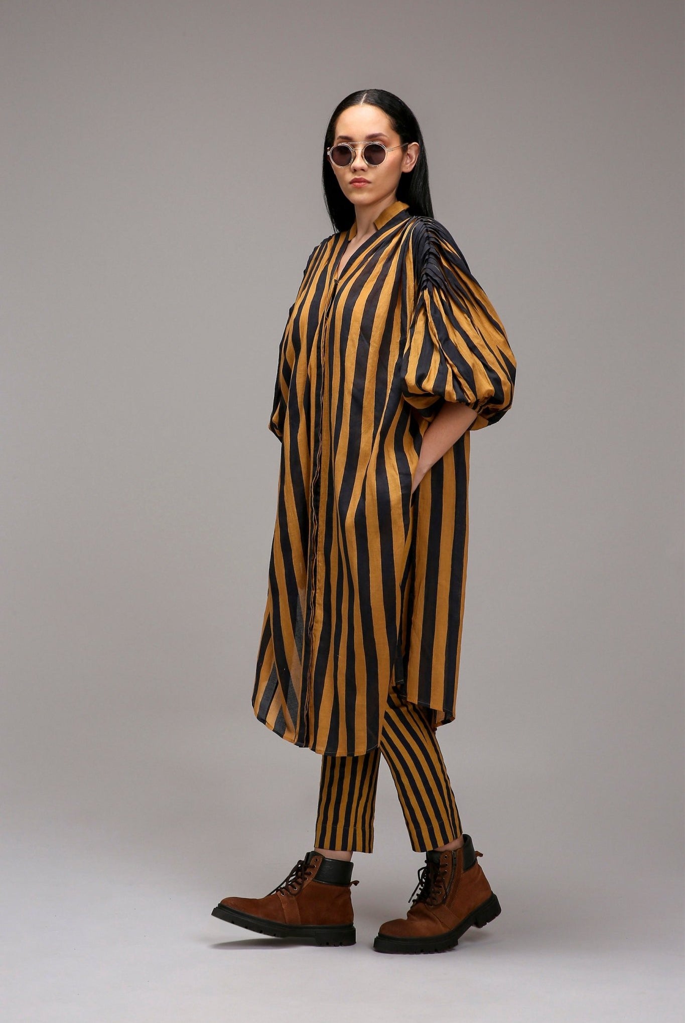 Tan-Brown Blue Striped Baha Tunic - CiceroniKurta, Festive WearMATI