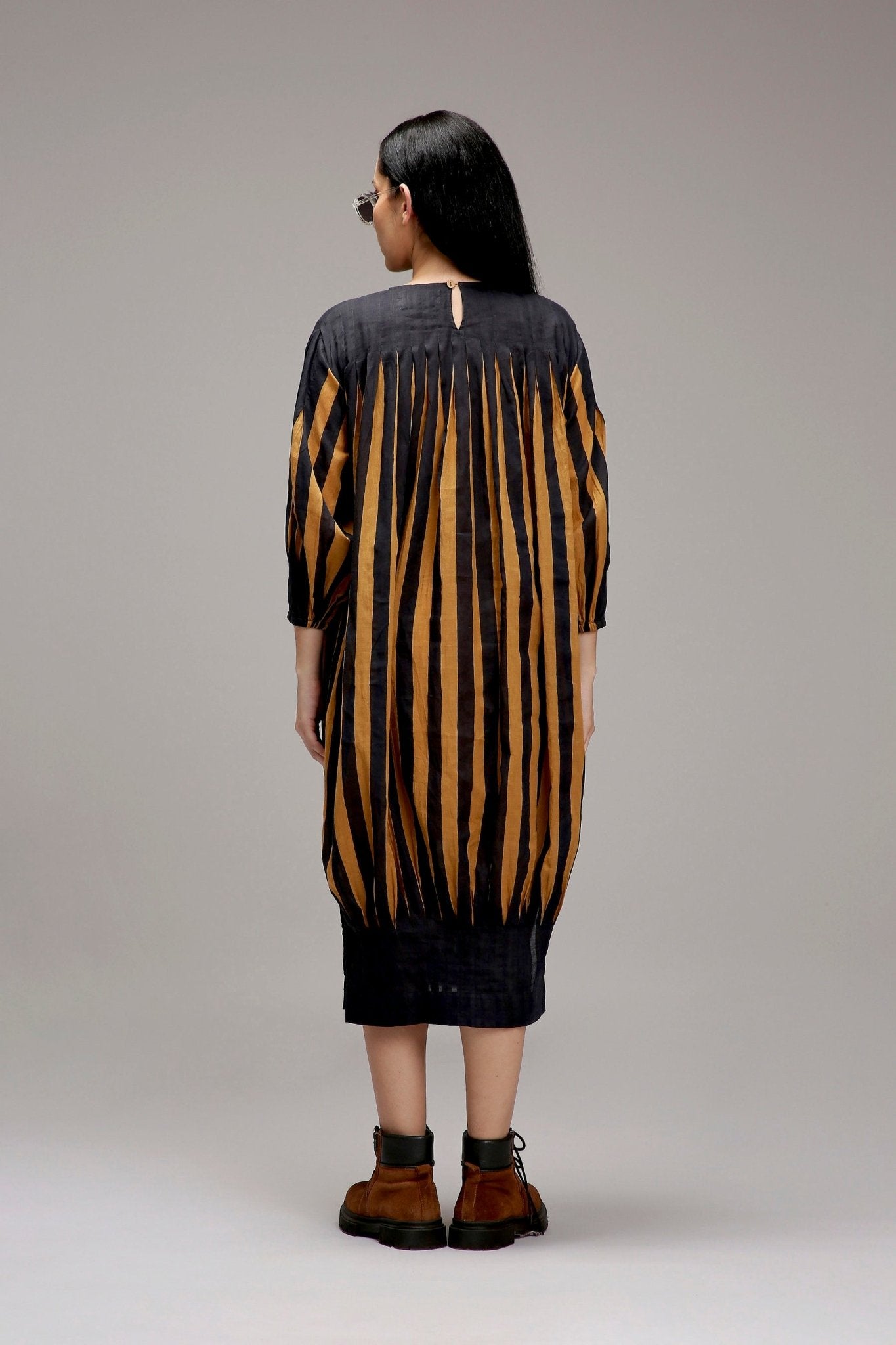 Tan-Brown Blue Striped Balloon Dress - CiceroniDressesMATI