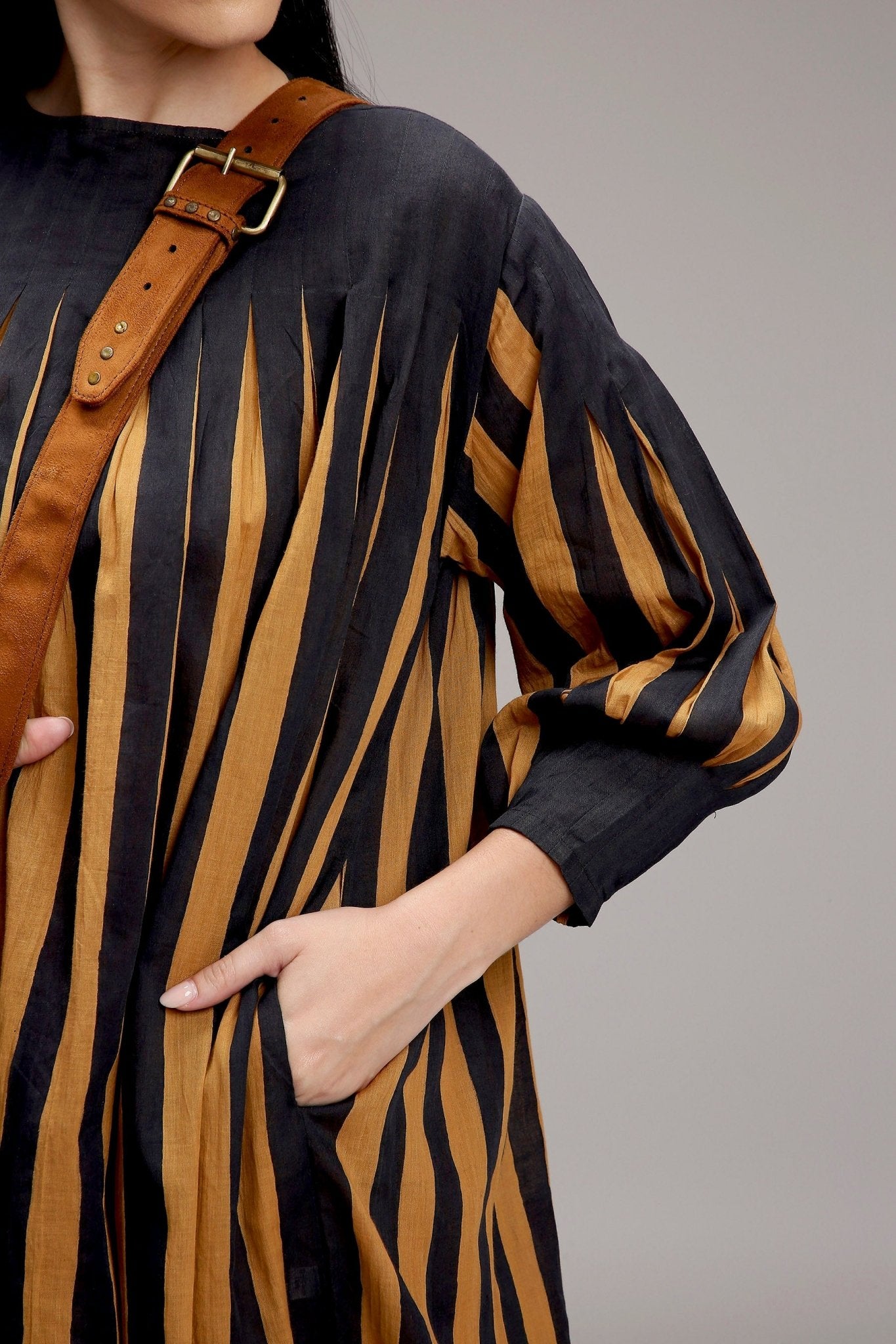 Tan-Brown Blue Striped Balloon Dress - CiceroniDressesMATI