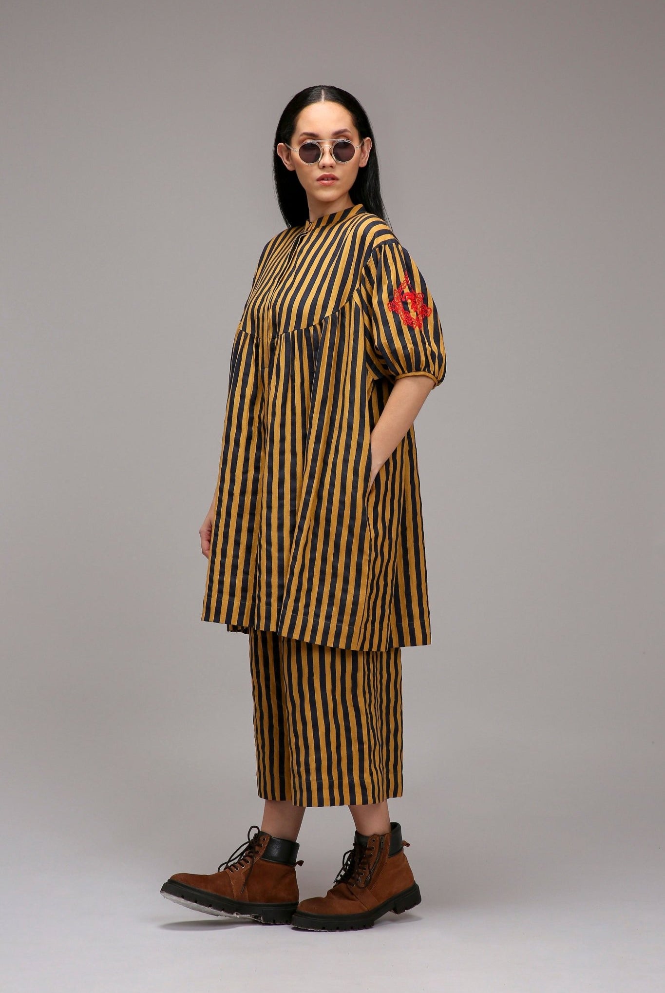 Tan-Brown Blue Striped Short Acra Tunic Set (2 PCS) - CiceroniKurta Set, Everyday WearMATI