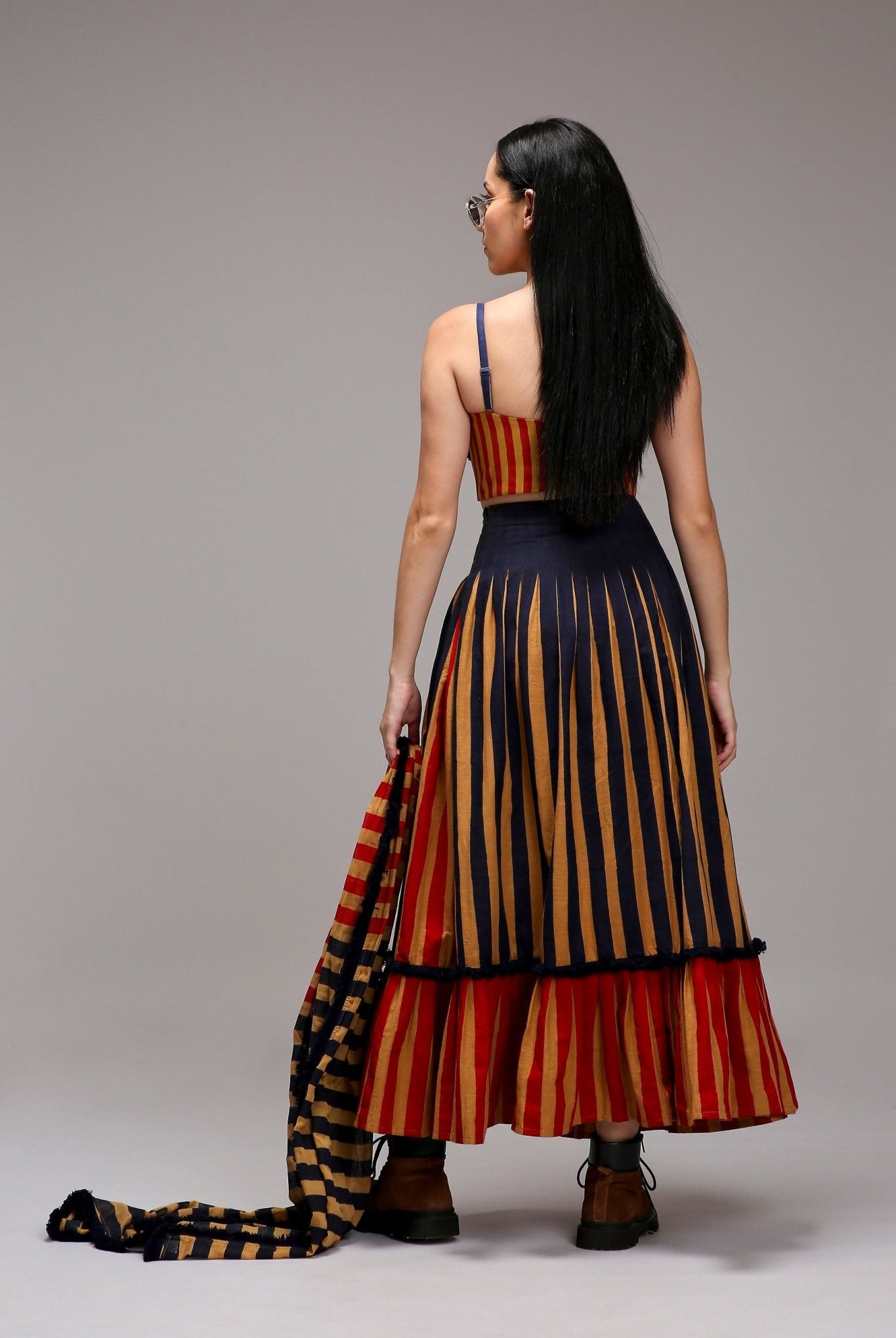 Tan-Brown Corset Dual Striped Stole Skirt Set (3 PCS) - CiceroniSkirt SetMATI