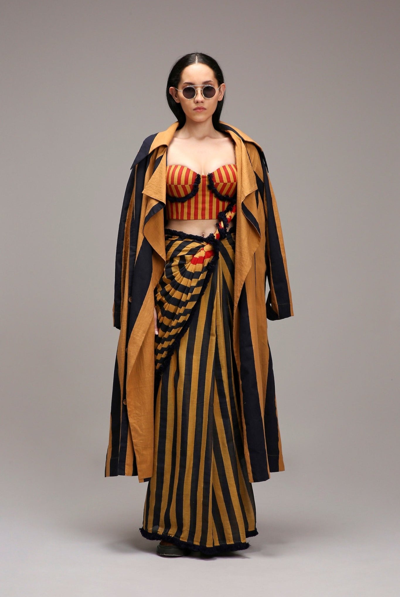 Tan-Brown Corset with Trench Jacket & Dual Striped Saree Set (3 PCS) - CiceroniSaree SetMATI