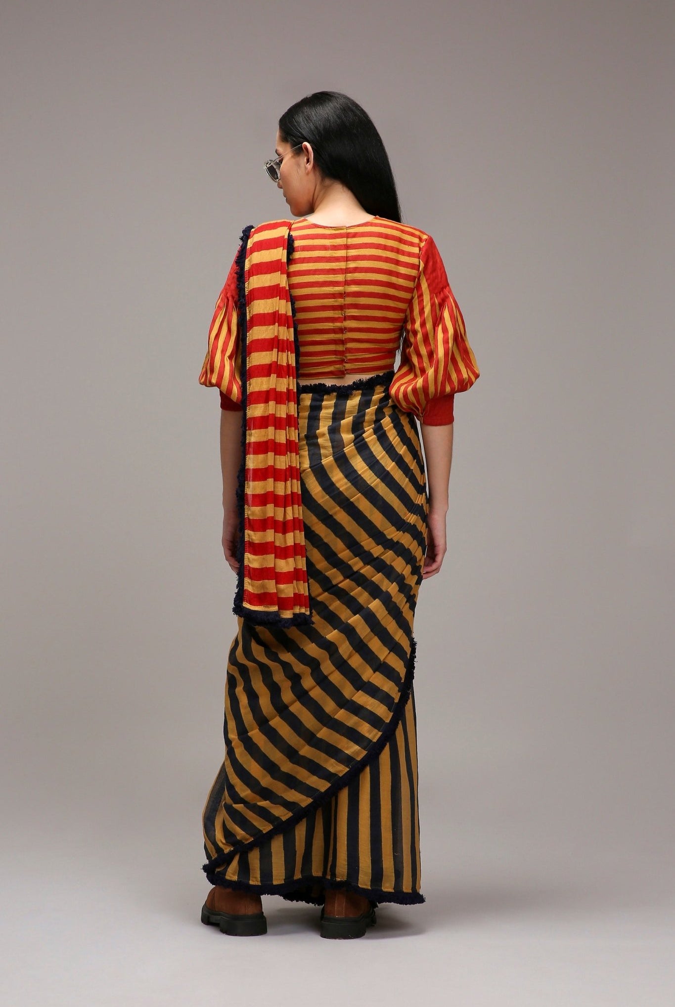 Tan-Brown Crop Top & Dual Striped Saree Set (2 PCS) - CiceroniSaree SetMATI
