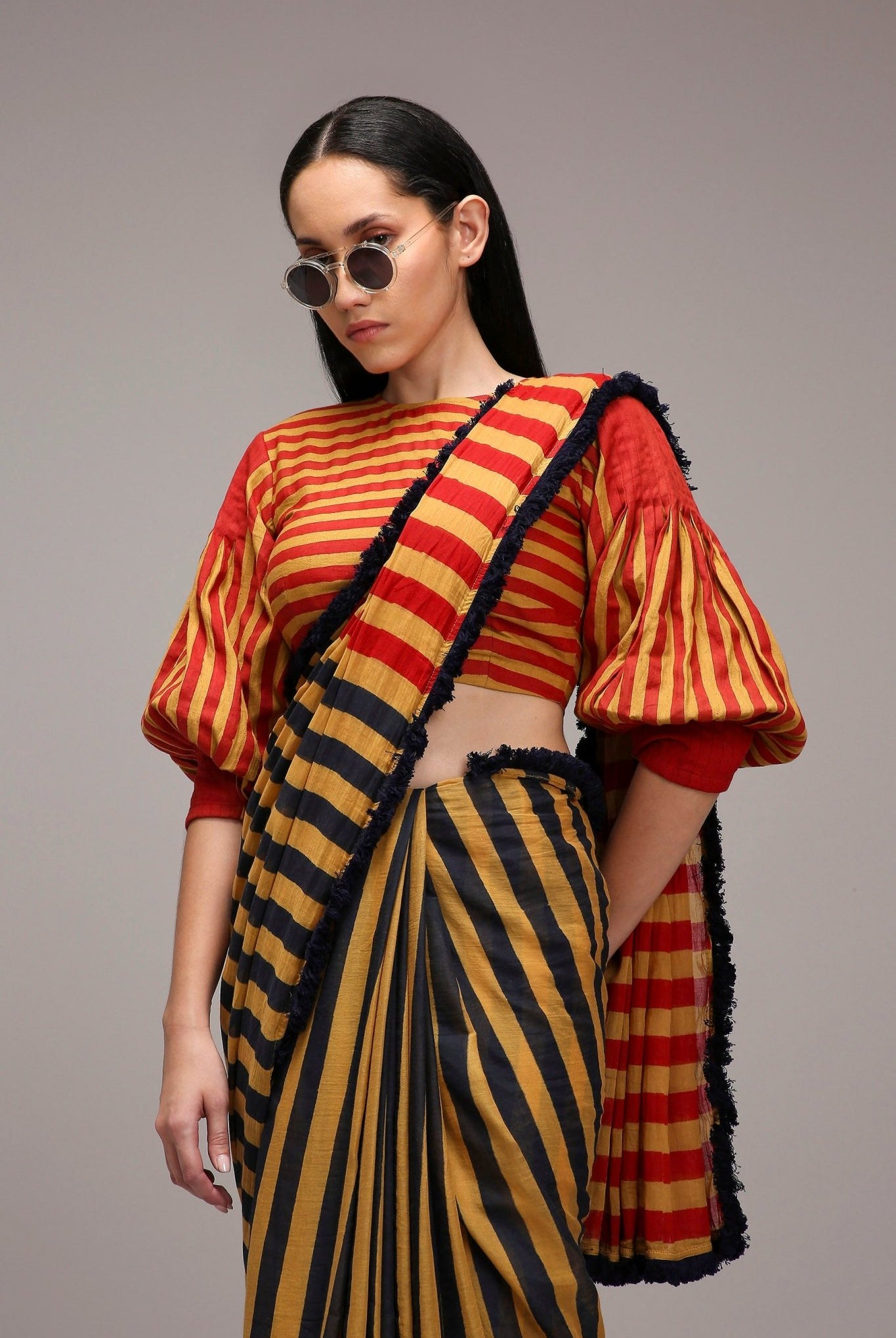 Tan-Brown Crop Top & Dual Striped Saree Set (2 PCS) - CiceroniSaree SetMATI