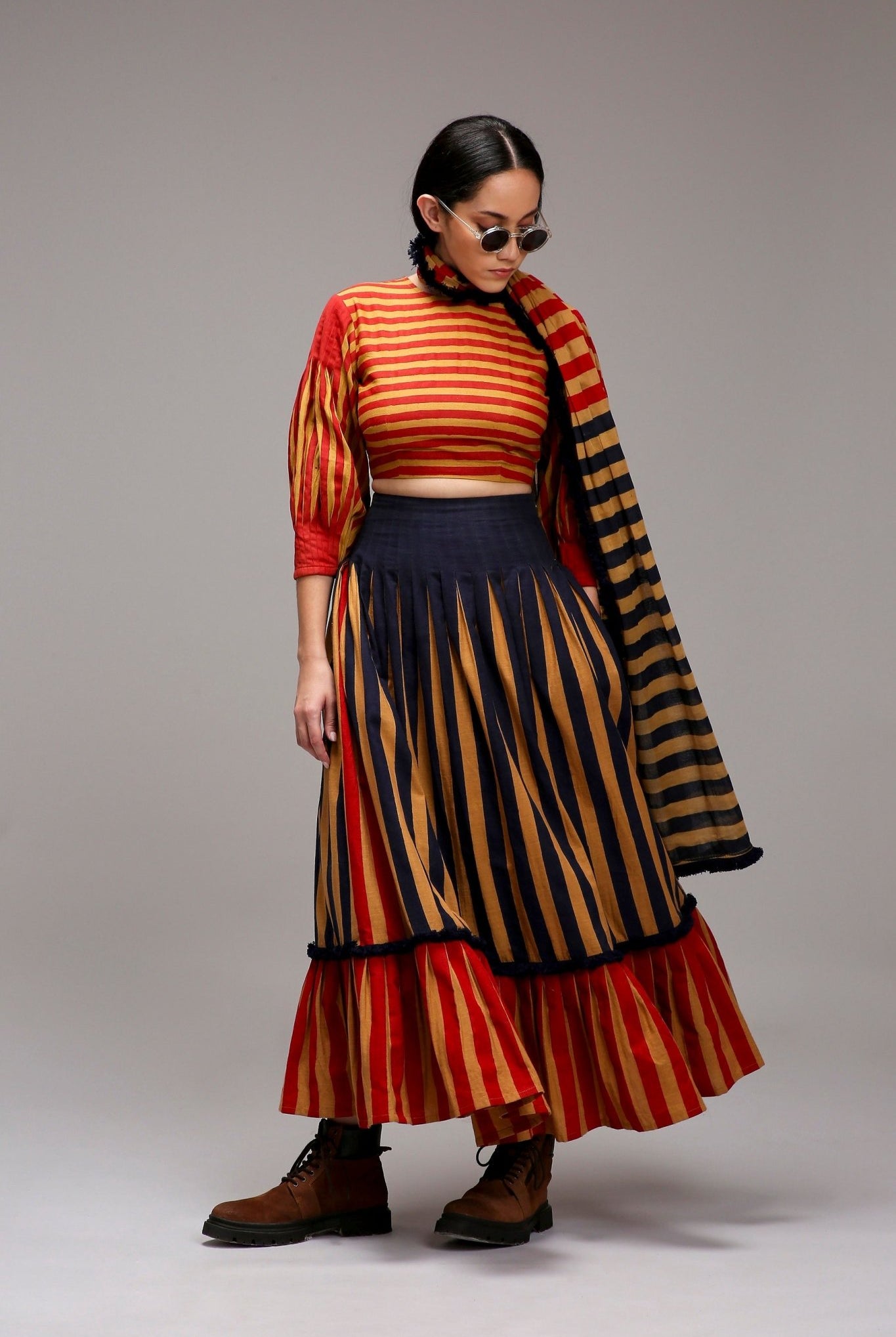 Tan-Brown Crop Top Dual Striped Stole Skirt Set (3 PCS) - CiceroniSkirt SetMATI