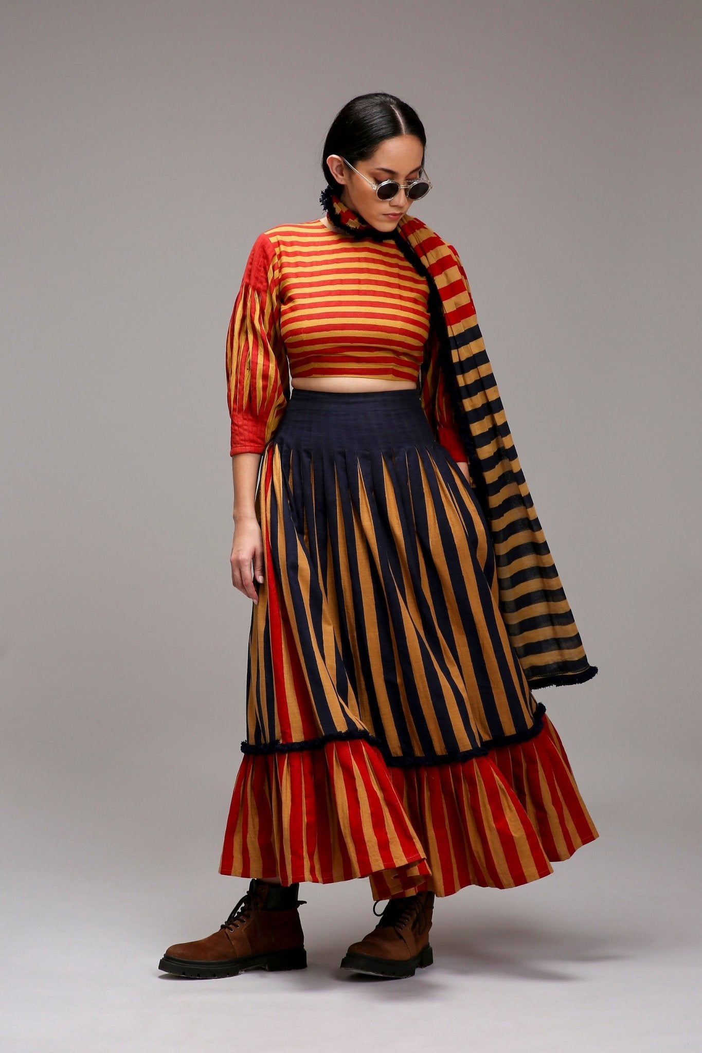 Tan-Brown Crop Top Dual Striped Stole Skirt Set (3 PCS) - CiceroniSkirt SetMATI