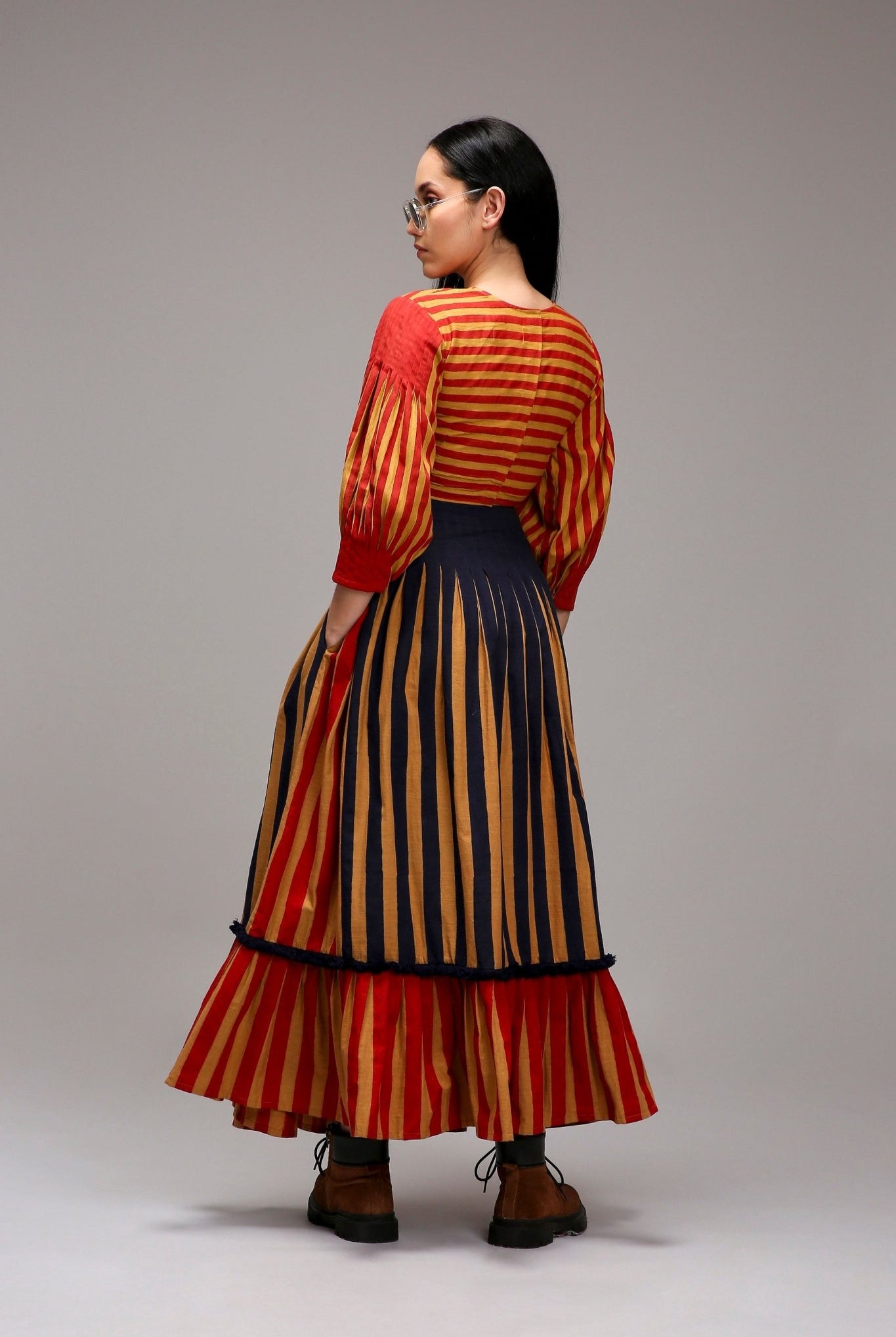 Tan-Brown Crop Top Dual Striped Stole Skirt Set (3 PCS) - CiceroniSkirt SetMATI