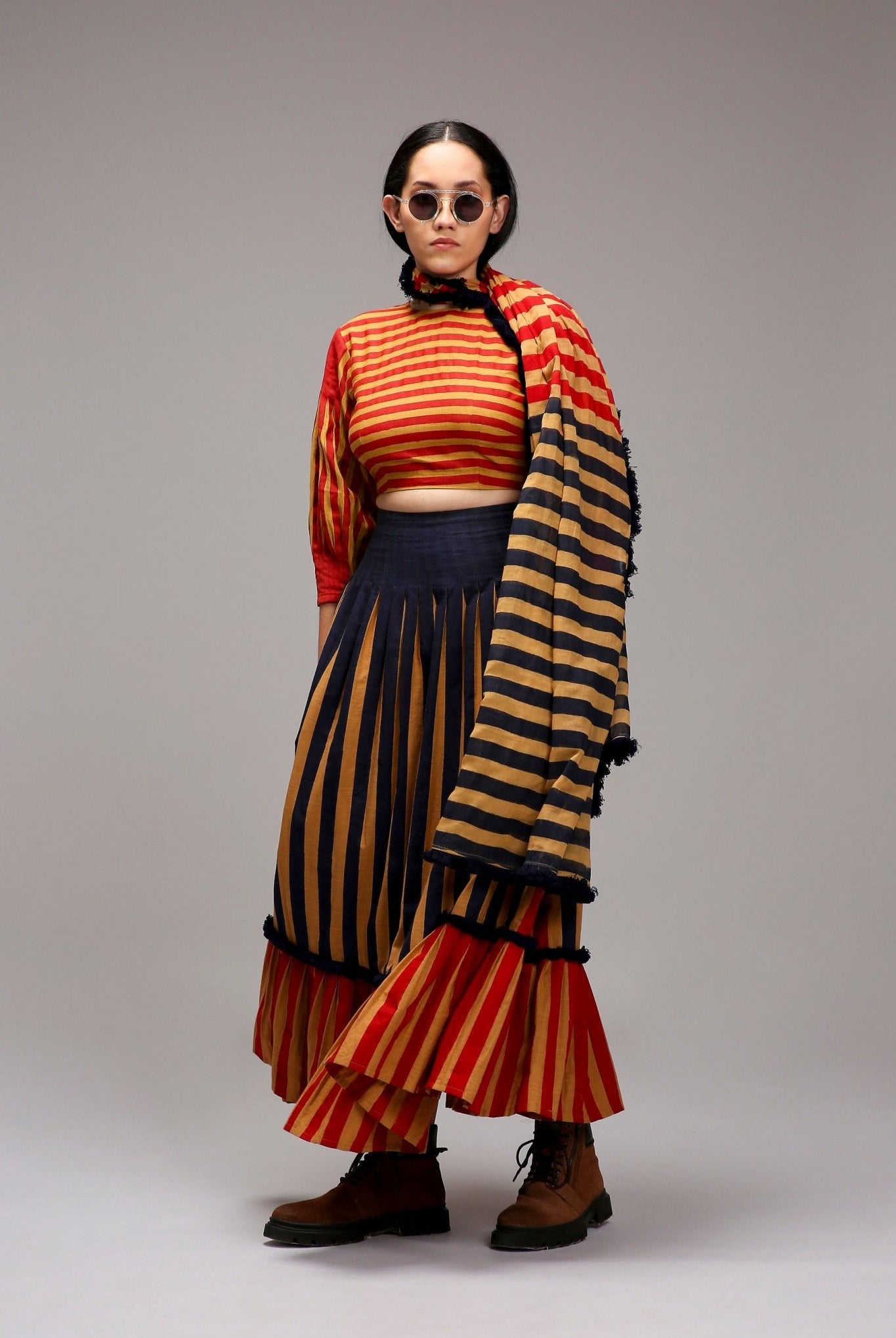 Tan-Brown Crop Top Dual Striped Stole Skirt Set (3 PCS) - CiceroniSkirt SetMATI