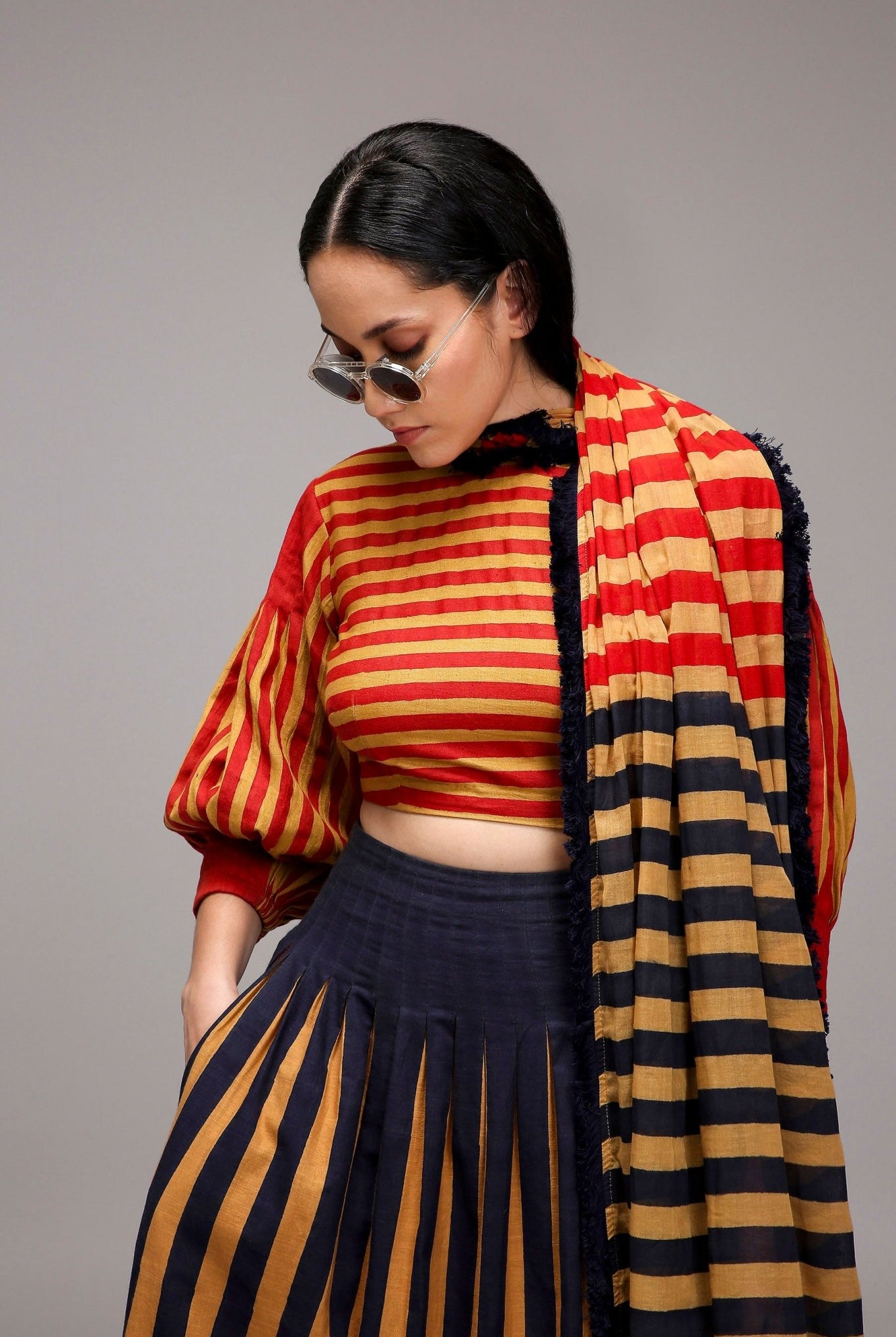 Tan-Brown Crop Top Dual Striped Stole Skirt Set (3 PCS) - CiceroniSkirt SetMATI