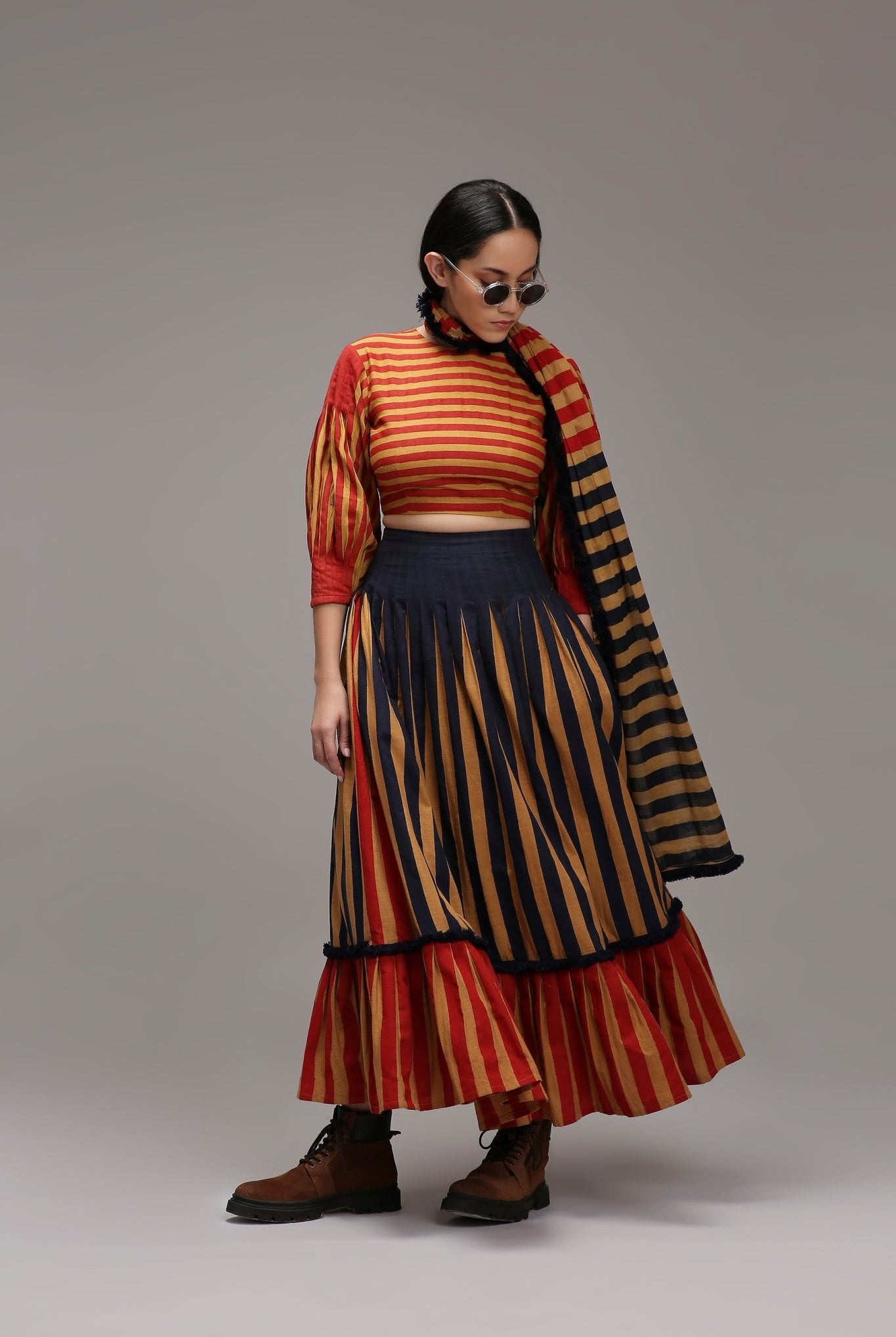 Tan-Brown Crop Top Dual Striped Stole Skirt Set (3 PCS) - CiceroniSkirt SetMATI