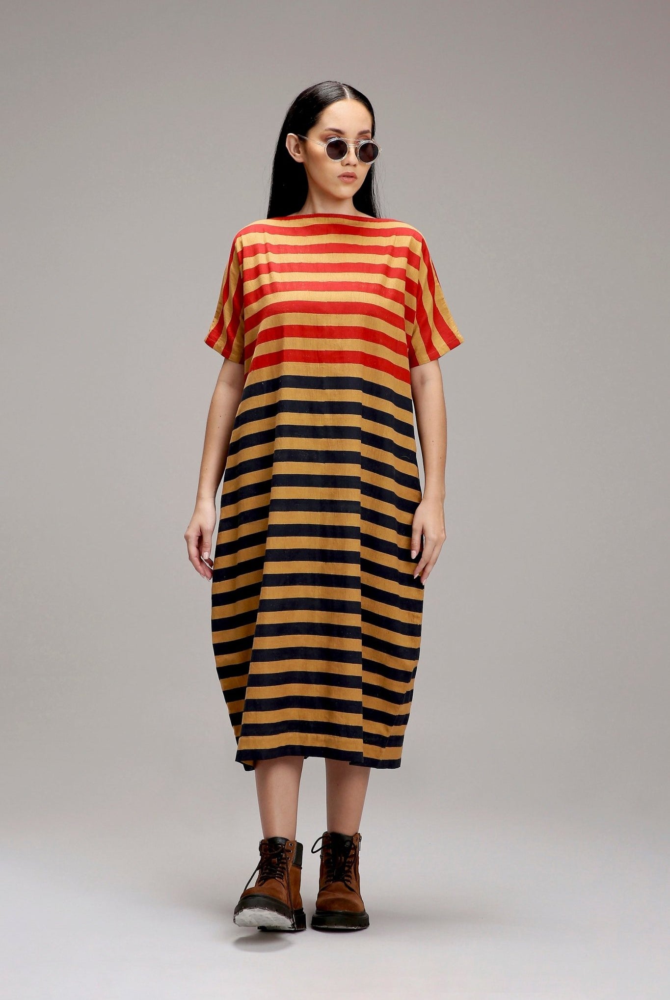 Tan-Brown Red & Blue Dual Striped Dress - CiceroniDressesMATI