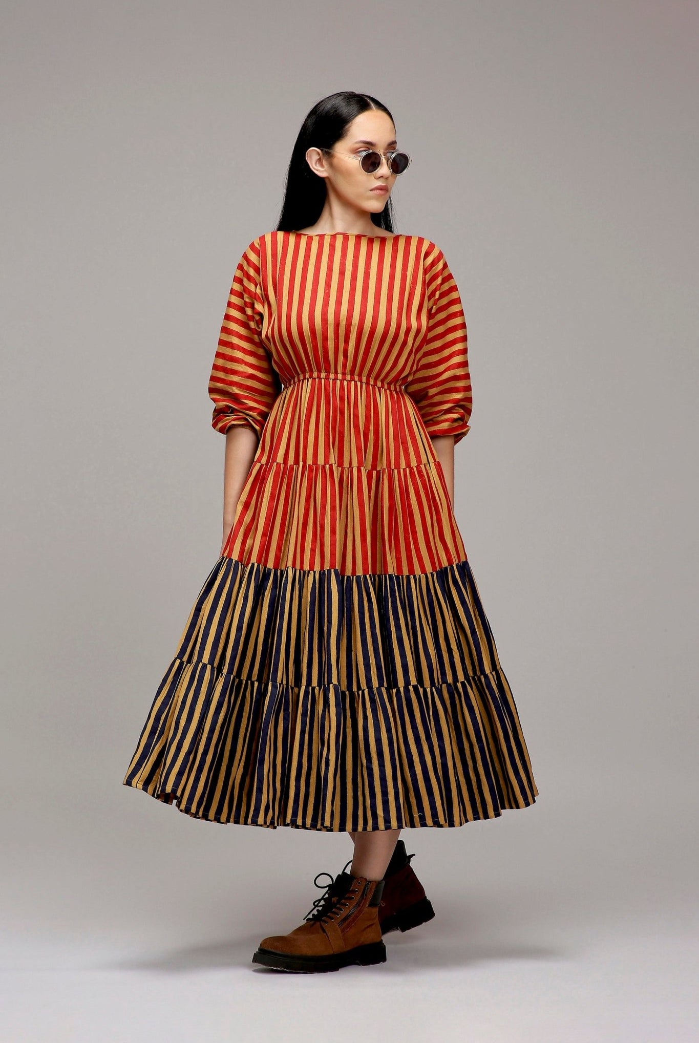 Tan-Brown Red & Blue Striped Tiered Dress - CiceroniDressesMATI
