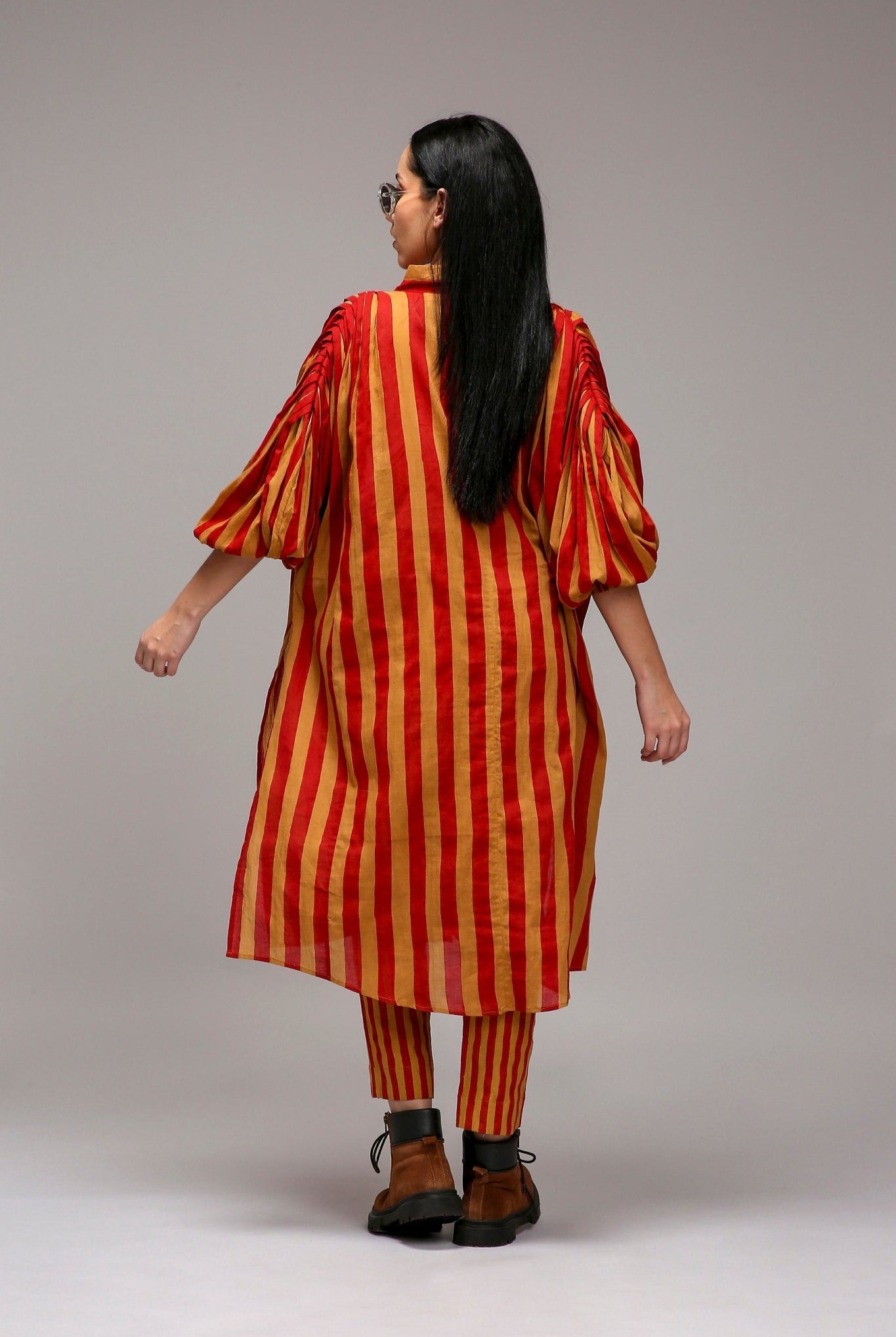 Tan-Brown Red Striped Baha Tunic Set (2 PCS) - CiceroniKurta Set, Everyday WearMATI