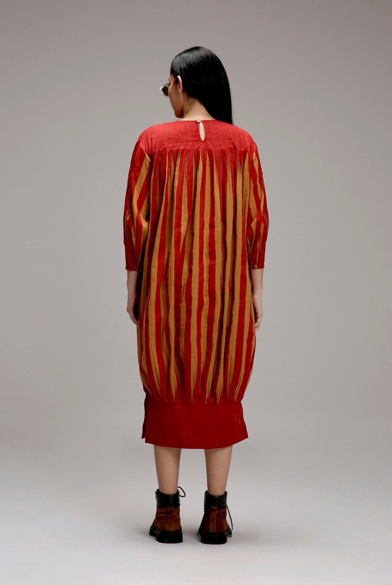 Tan-Brown Red Striped Balloon Dress - CiceroniDressesMATI