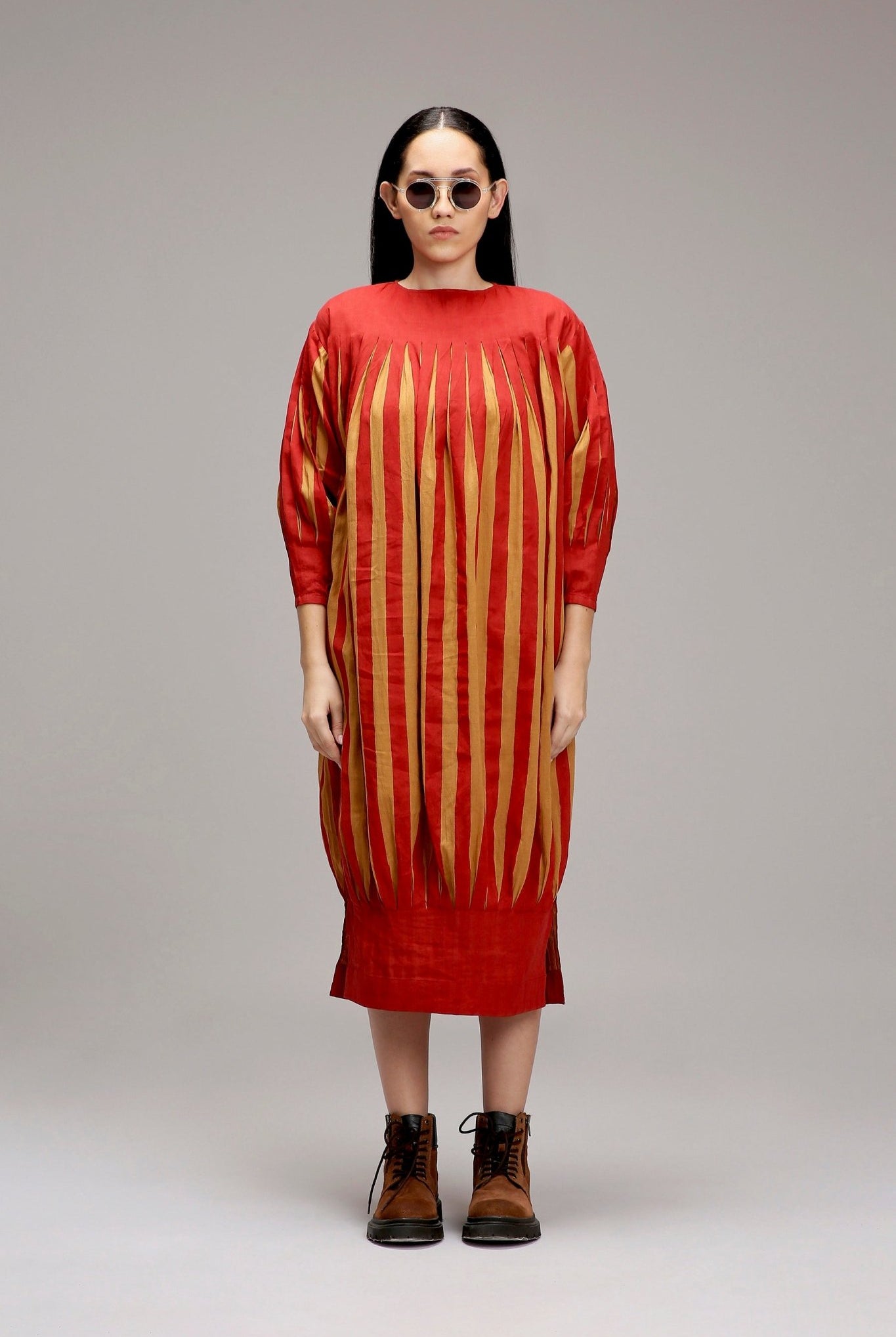 Tan-Brown Red Striped Balloon Dress - CiceroniDressesMATI