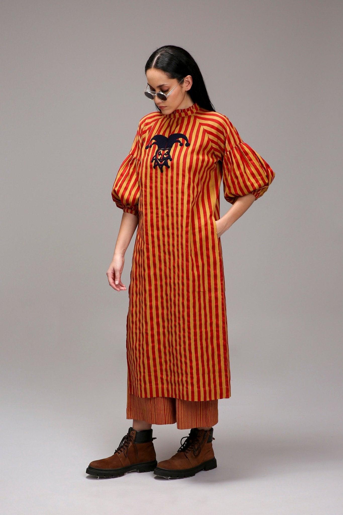 Tan-Brown Red Striped Big Joker Tunic Set (2 PCS) - CiceroniKurta Set, Everyday WearMATI
