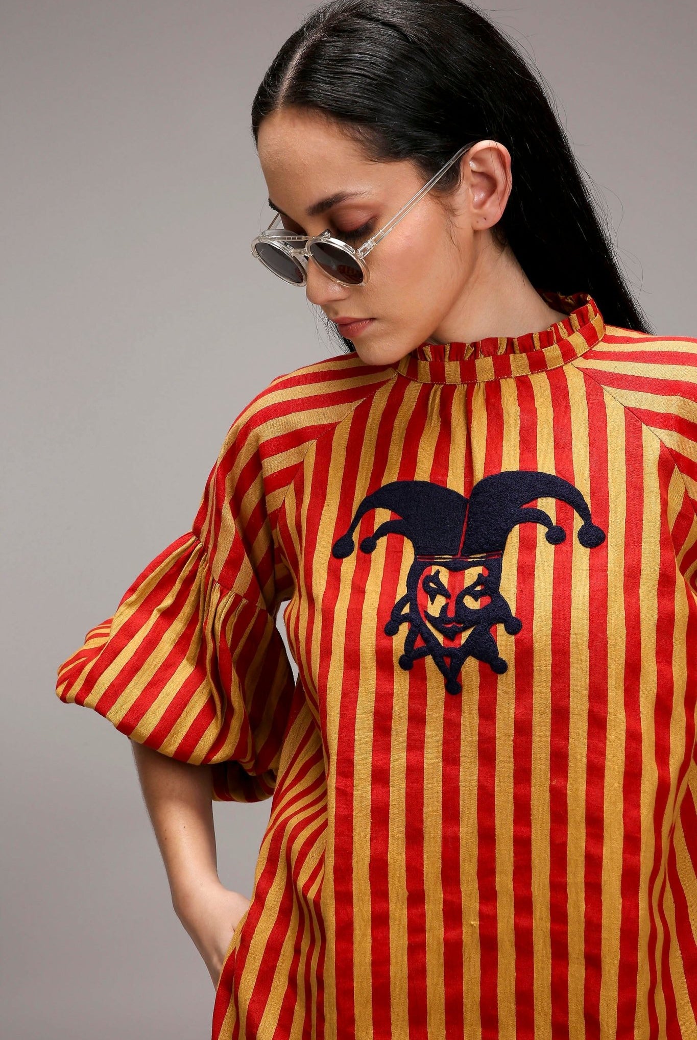 Tan-Brown Red Striped Big Joker Tunic Set (2 PCS) - CiceroniKurta Set, Everyday WearMATI