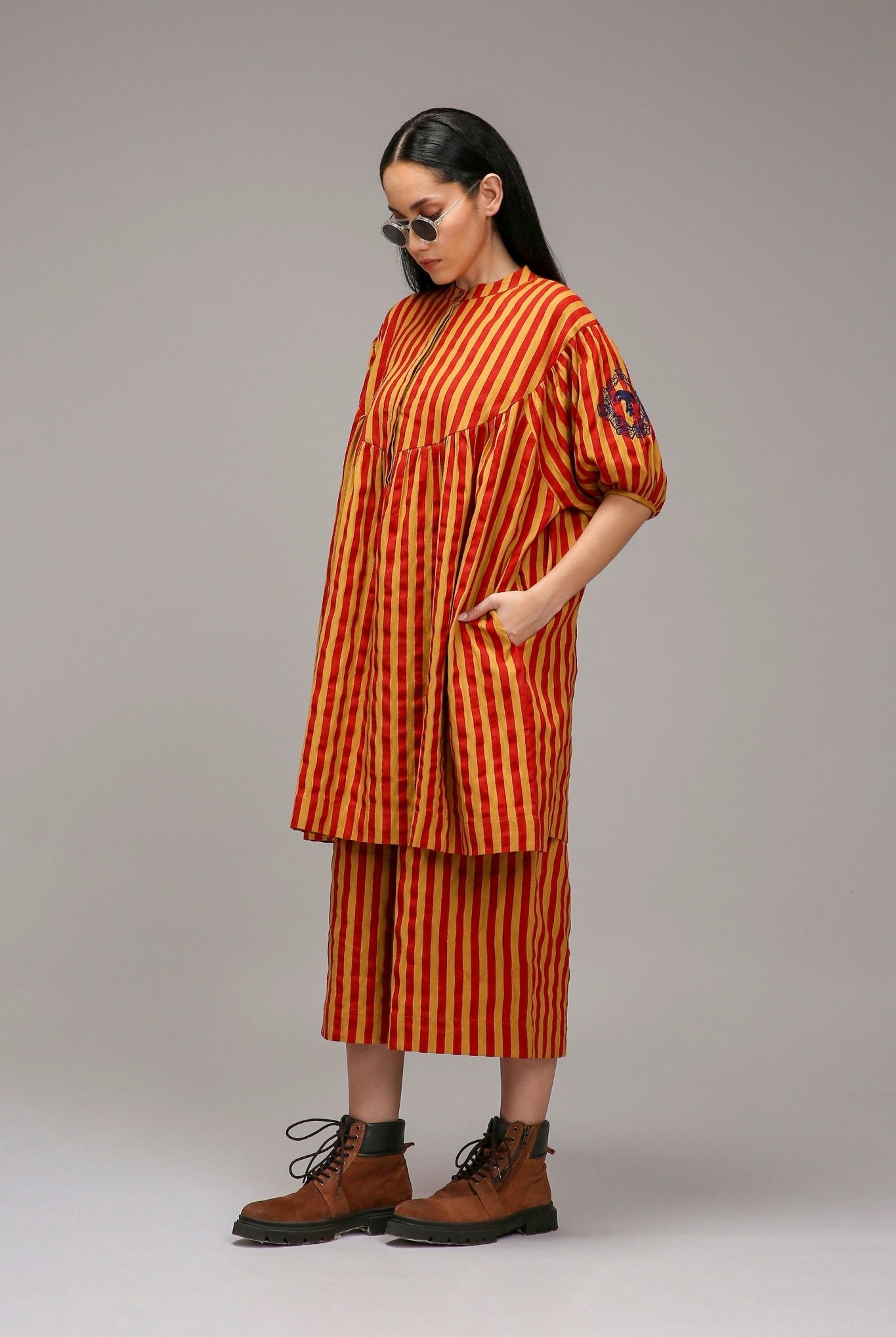 Tan-Brown Red Striped Short Acra Tunic Set (2 PCS) - CiceroniKurta Set, Everyday WearMATI