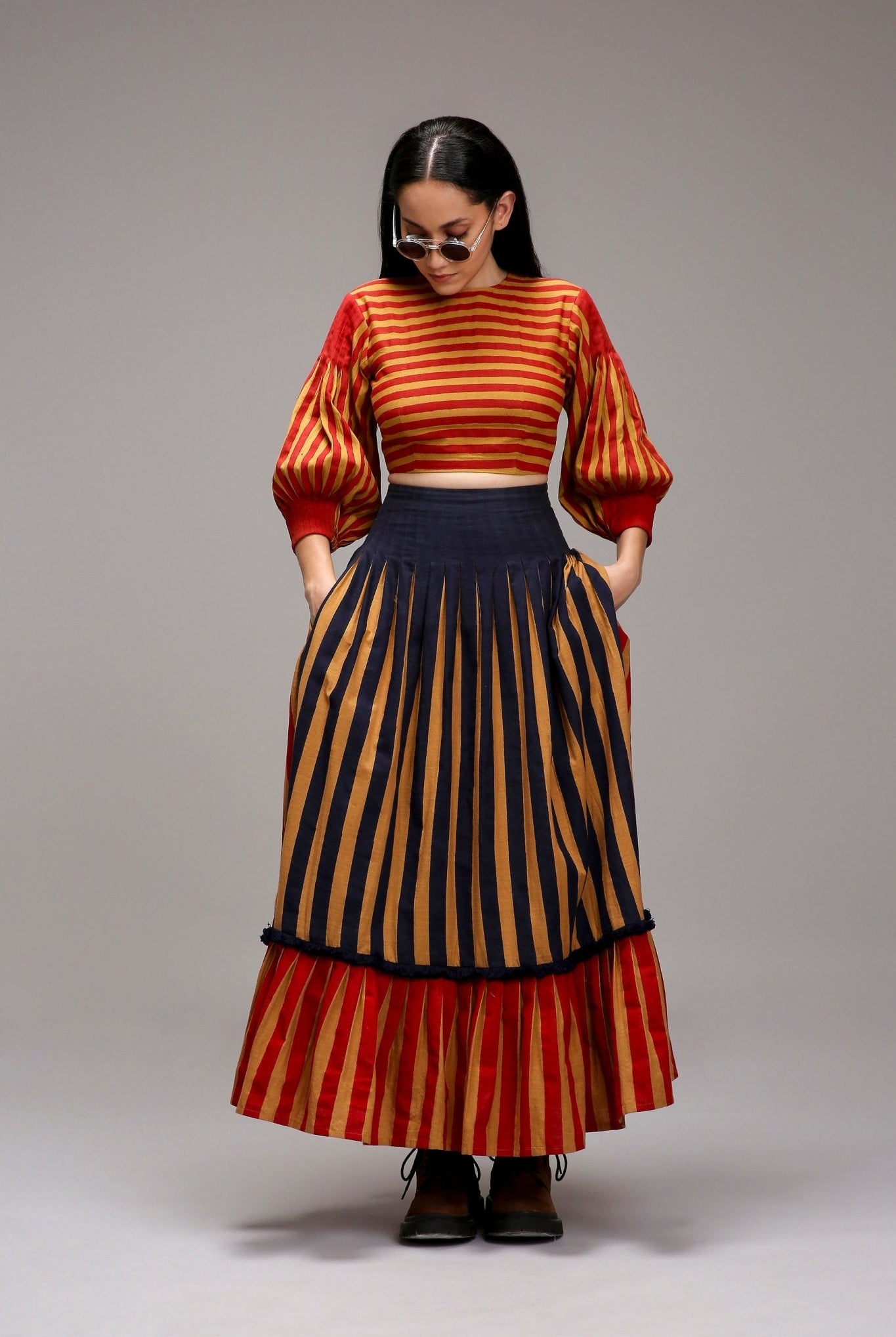Tan-Brown Striped Crop Top & Skirt Set (2 PCS) - CiceroniSkirt SetMATI
