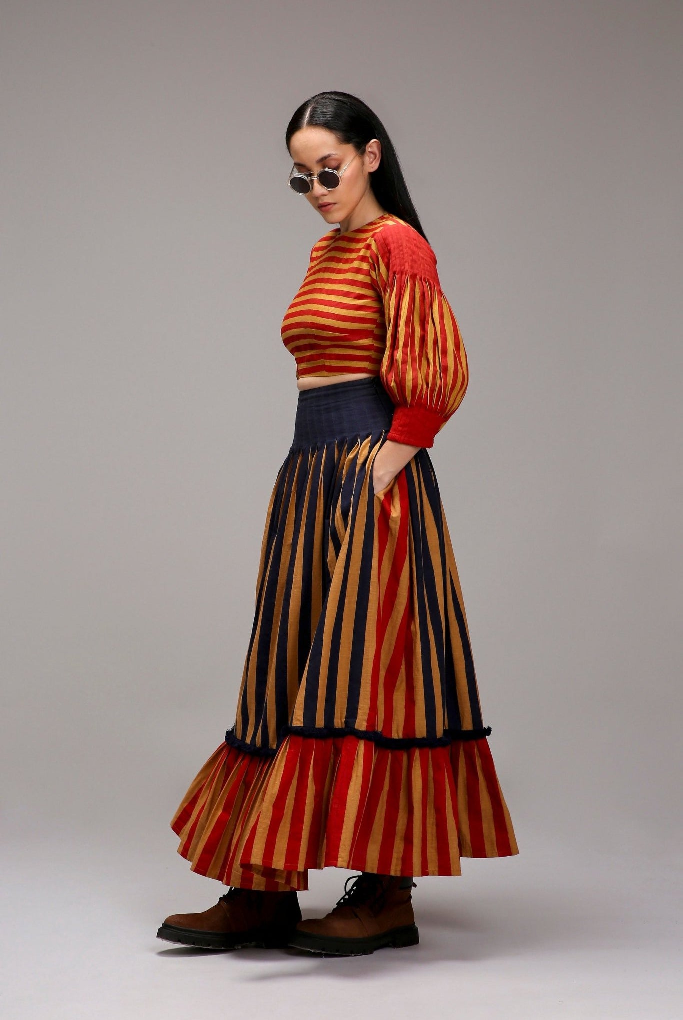 Tan-Brown Striped Crop Top & Skirt Set (2 PCS) - CiceroniSkirt SetMATI