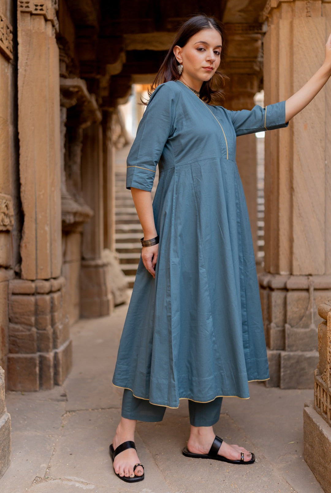 Teal Dune Kalidaar Set with Mustard Ajrakh Dupatta - CiceroniKurta Set, Everyday WearMaidaan