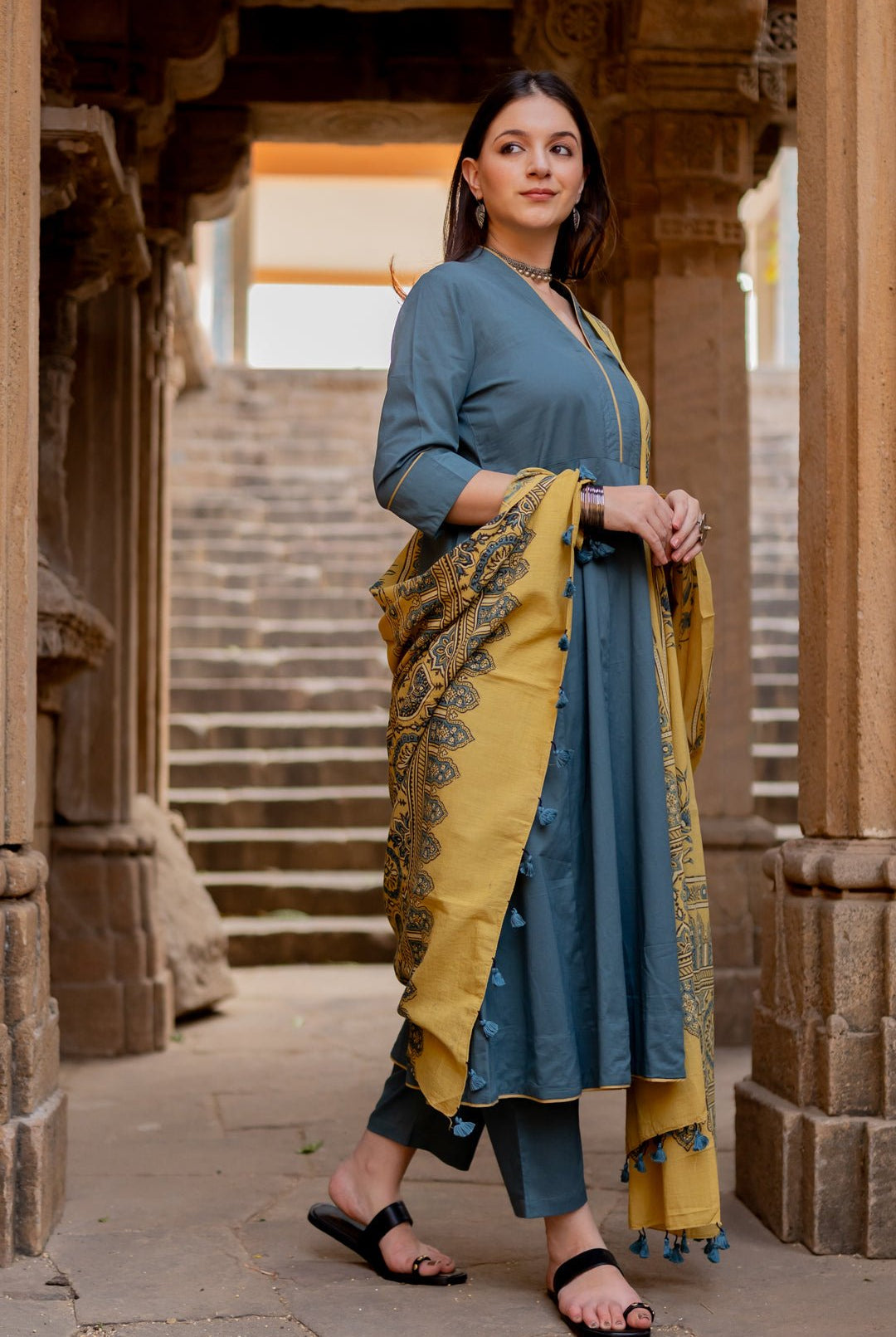 Teal Dune Kalidaar Set with Mustard Ajrakh Dupatta - CiceroniKurta Set, Everyday WearMaidaan