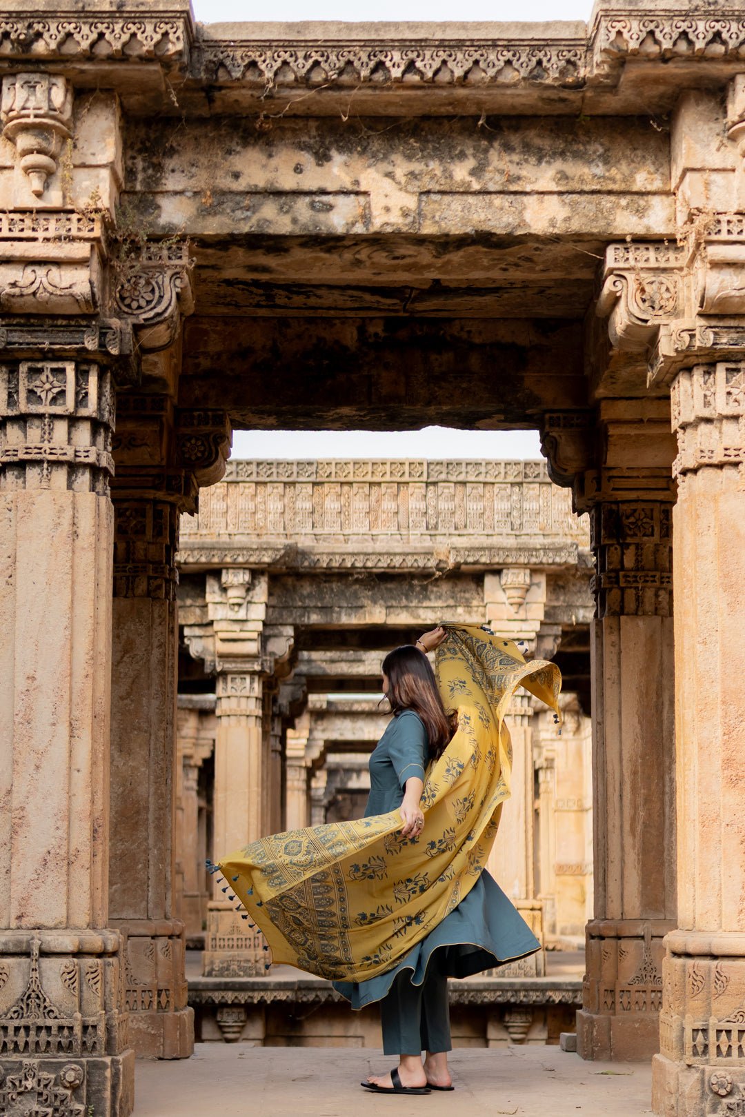 Teal Dune Kalidaar Set with Mustard Ajrakh Dupatta - CiceroniKurta Set, Everyday WearMaidaan