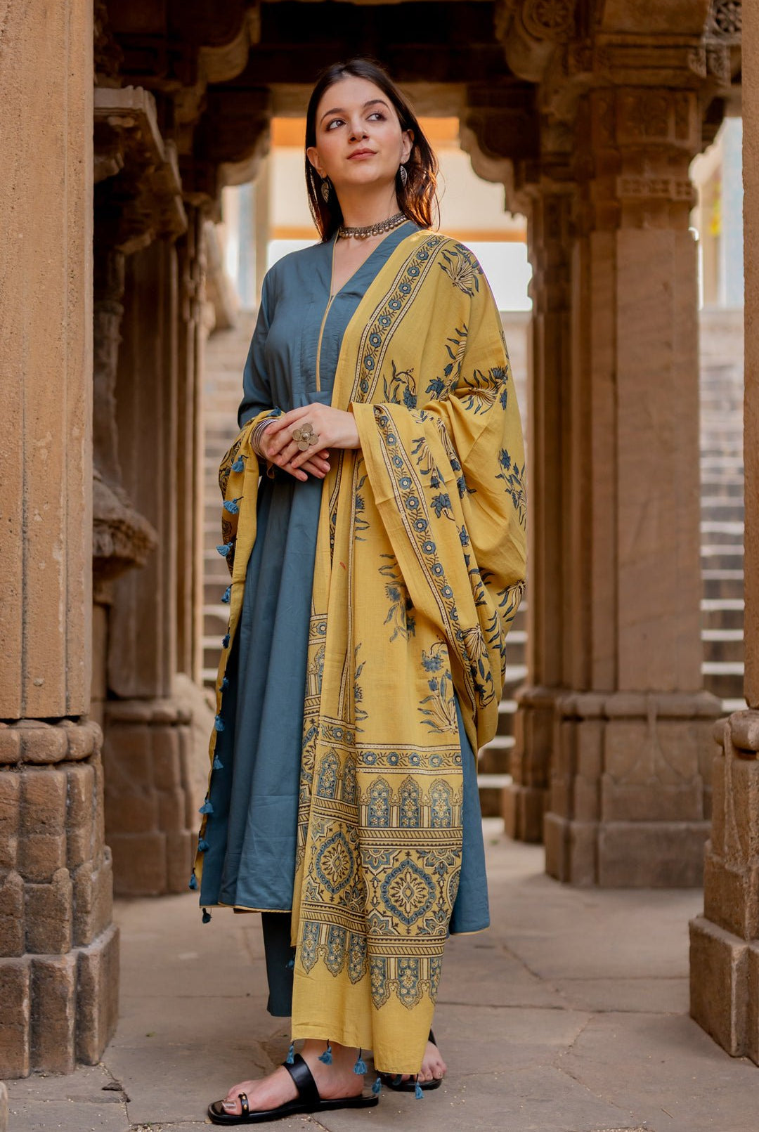 Teal Dune Kalidaar Set with Mustard Ajrakh Dupatta - CiceroniKurta Set, Everyday WearMaidaan