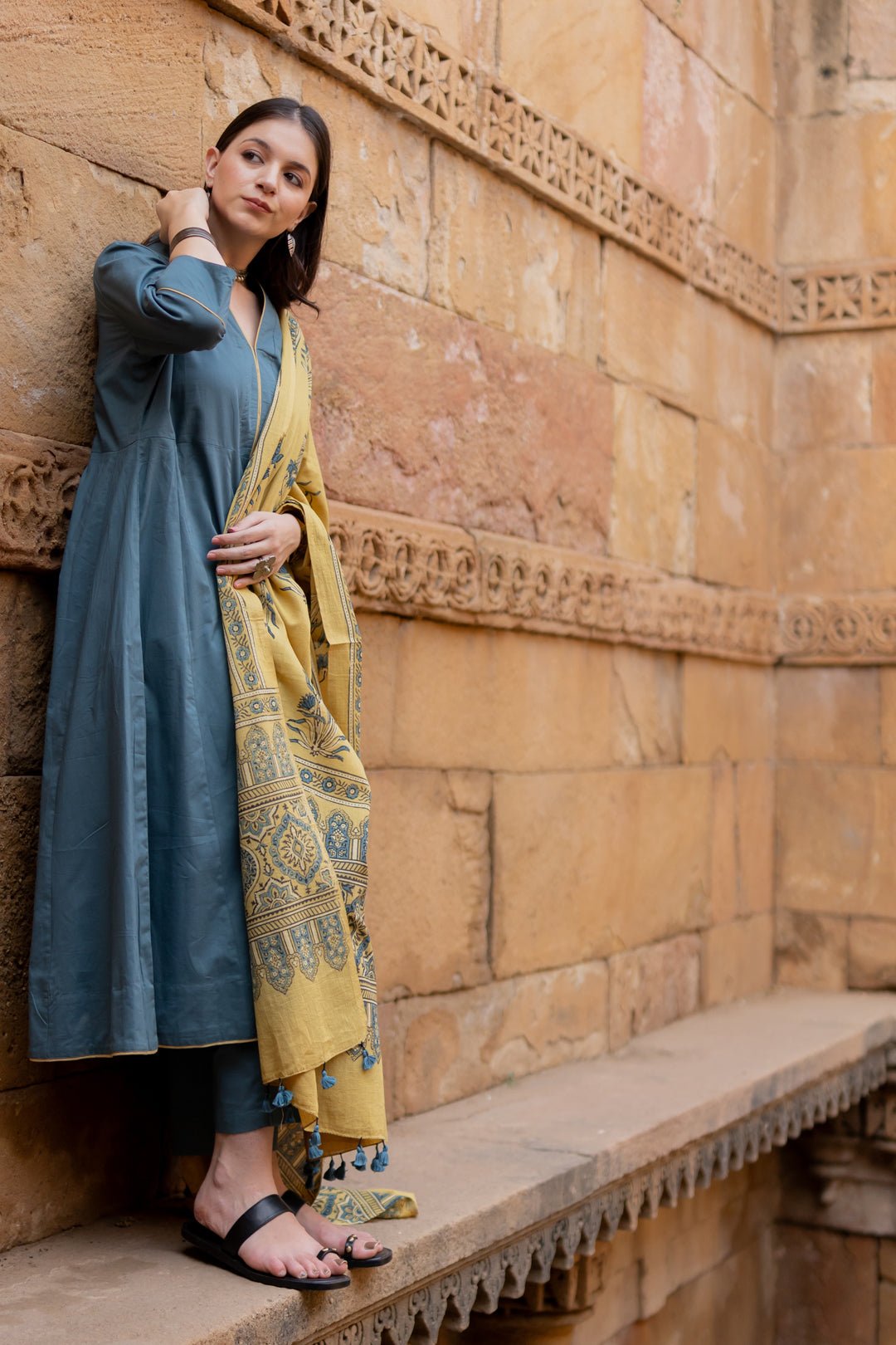 Teal Dune Kalidaar Set with Mustard Ajrakh Dupatta - CiceroniKurta Set, Everyday WearMaidaan