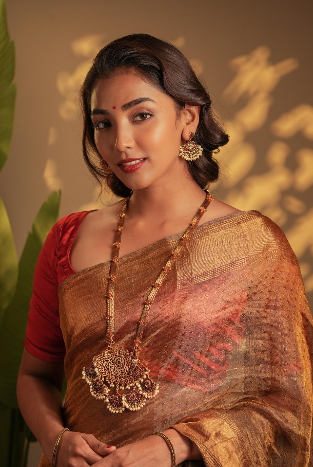 Temple Motif Long Necklace with Brown Brocade and 5 Pendants - CiceroniNecklaceAarika