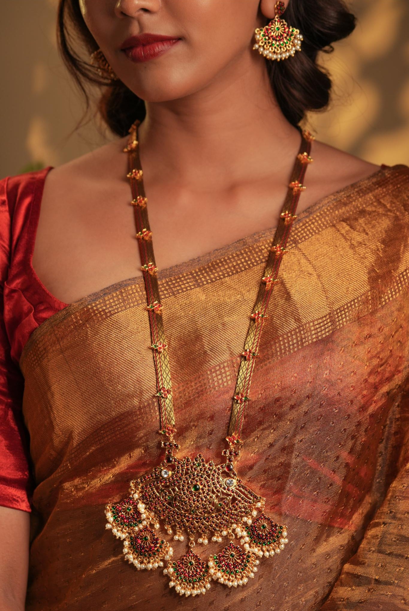 Temple Motif Long Necklace with Brown Brocade and 5 Pendants - CiceroniNecklaceAarika