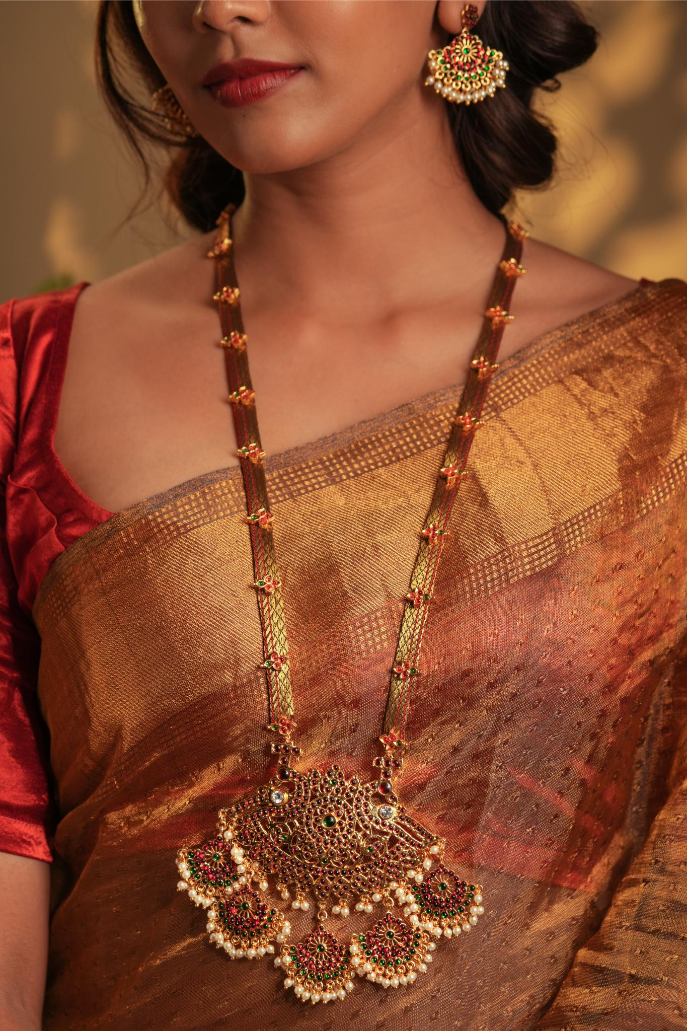 Temple Motif Long Necklace with Brown Brocade and 5 Pendants - CiceroniNecklaceAarika