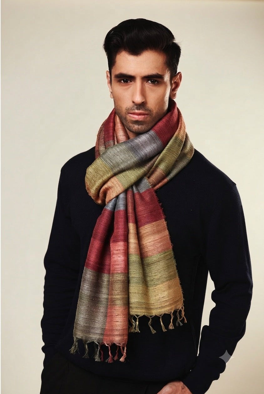 Terracotta Madras Checks Peace Silk Scarf for Men - CiceroniScarfAeshaane