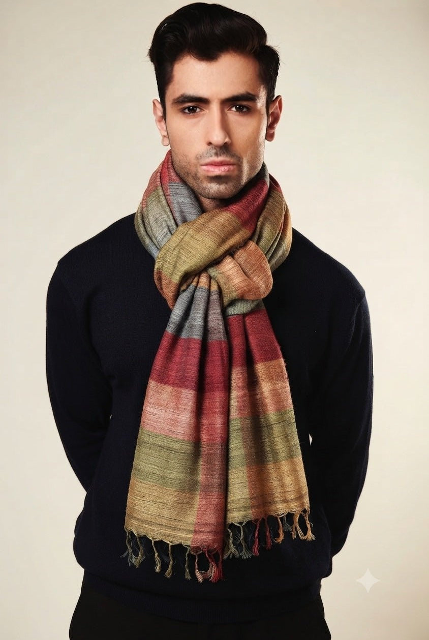Terracotta Madras Checks Peace Silk Scarf for Men - CiceroniScarfAeshaane