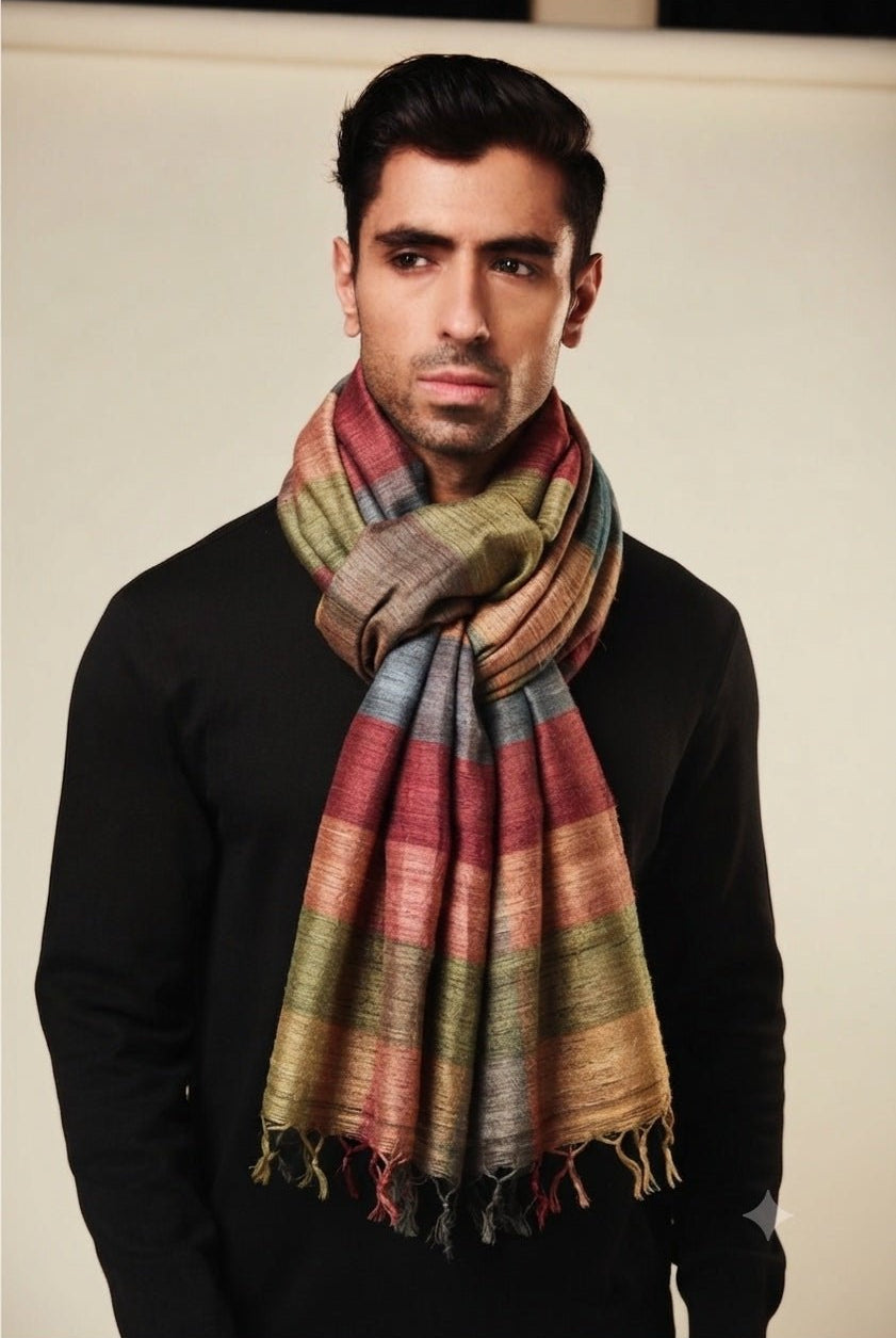 Terracotta Madras Checks Peace Silk Scarf for Men - CiceroniScarfAeshaane