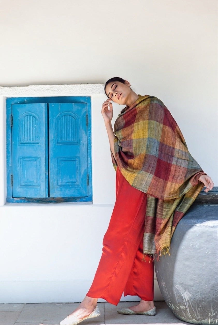 Terracotta Madras Checks Peace Silk Scarf for Women - CiceroniScarfAeshaane
