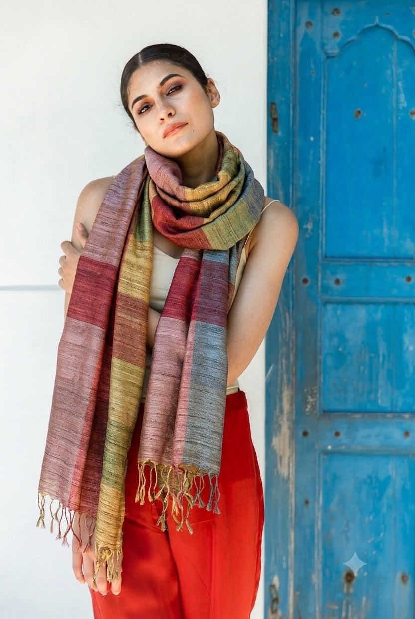 Terracotta Madras Checks Peace Silk Scarf for Women - CiceroniScarfAeshaane