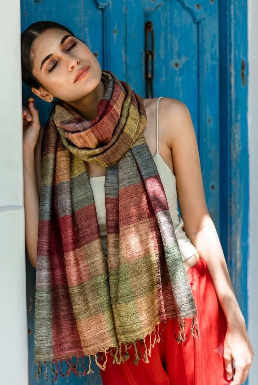 Terracotta Madras Checks Peace Silk Scarf for Women - CiceroniScarfAeshaane