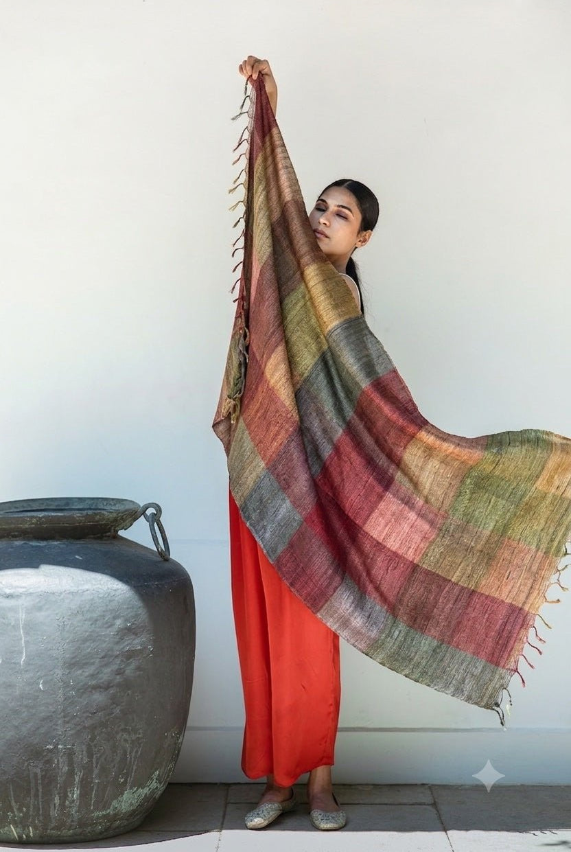 Terracotta Madras Checks Peace Silk Scarf for Women - CiceroniScarfAeshaane
