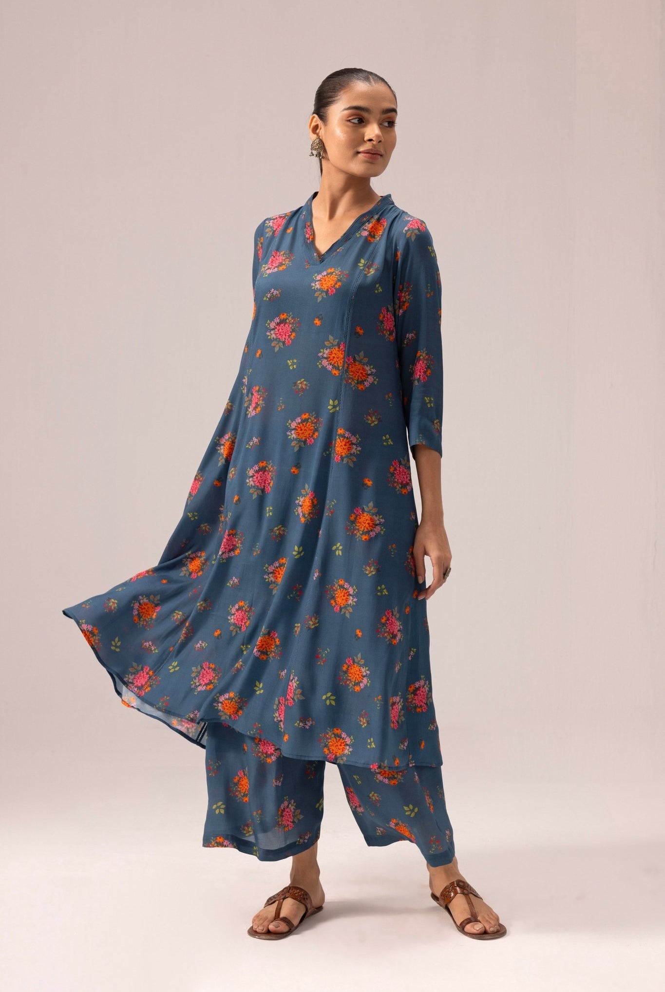 Thea Kurta Pant Set - Blue with Floral Print - CiceroniKurta Set, Everyday WearLabel Shreya Sharma