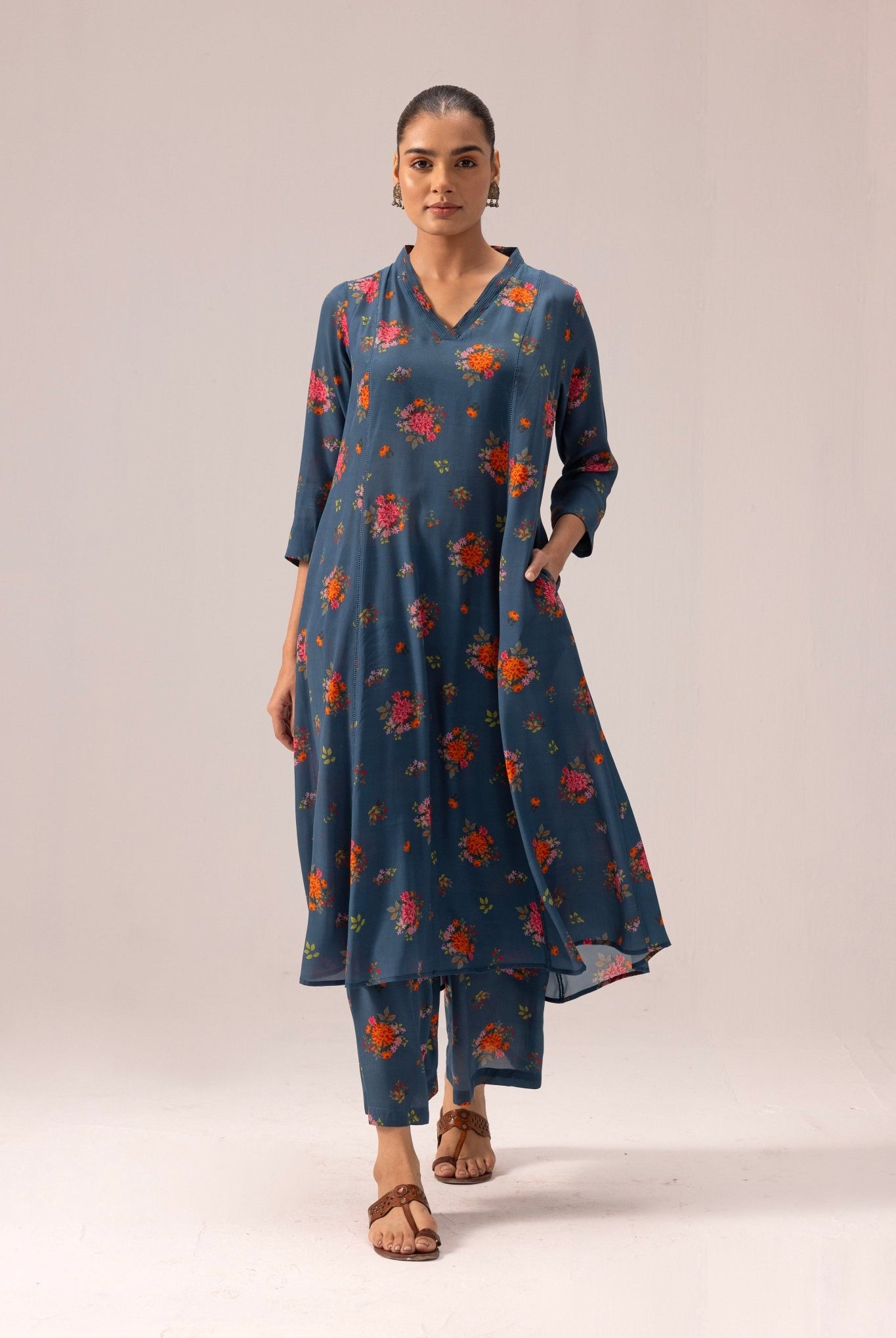 Thea Kurta Pant Set - Blue with Floral Print - CiceroniKurta Set, Everyday WearLabel Shreya Sharma